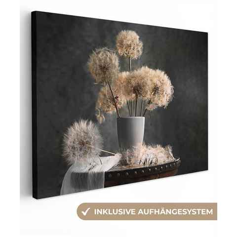OneMillionCanvasses® Leinwandbild Blumensamen - Löwenzahn - Vase - Stilleben - Blumenstrauß, Schwarz, Beige, Weiß (1 St), Leinwand Bilder für Wohnzimmer Schlafzimmer 80x60 cm