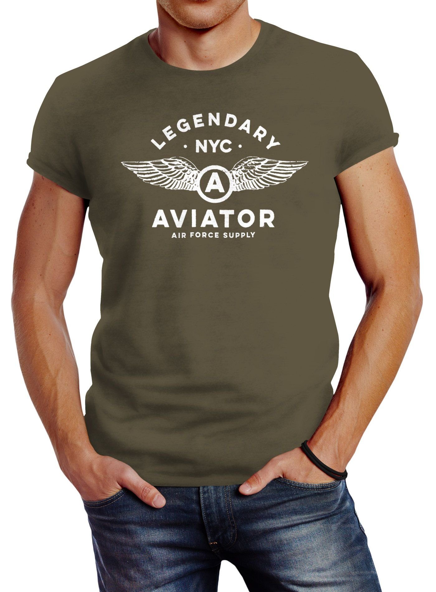 Print NYC Force Flügel Air Legendary grün mit Print-Shirt Neverless Streetstyle Herren Neverless® Luftwaffe T-Shirt Fashion Aviator
