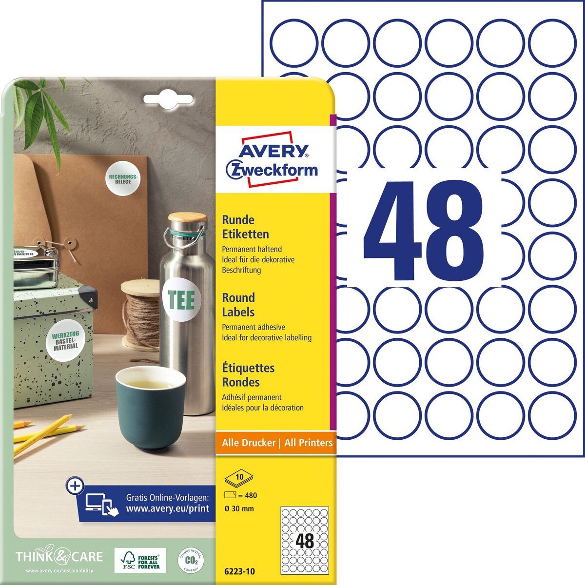 Avery Zweckform Etiketten Etiketten rund A4 30mm 10 Bogen/480 Etiketten weiß