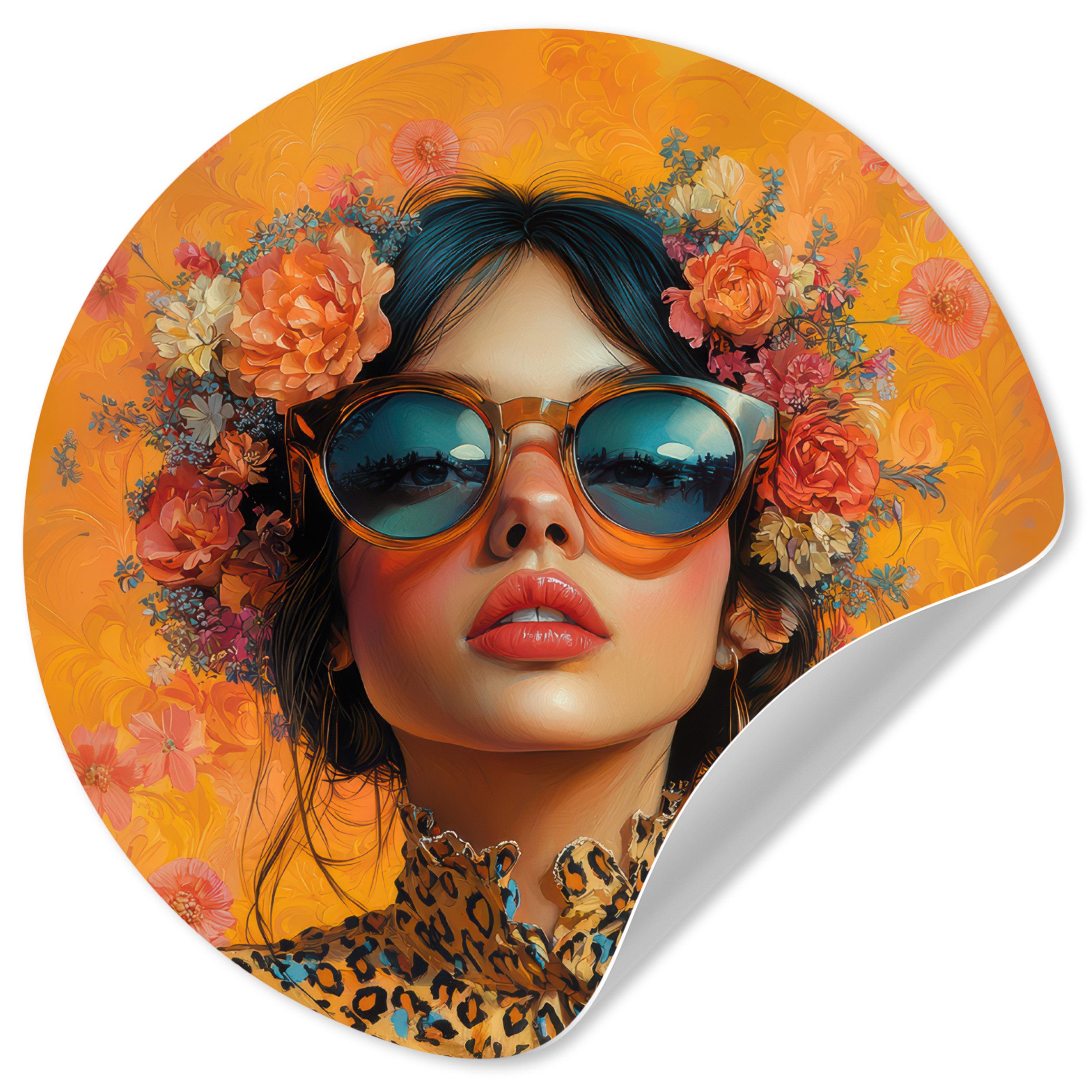 MuchoWow Wandsticker Frau - Blumen - Ästhetik - Orange (1 St), Wandtattoo Selbstklebend, Wohnzimmer Deko Aufkleber, 30x30 cm