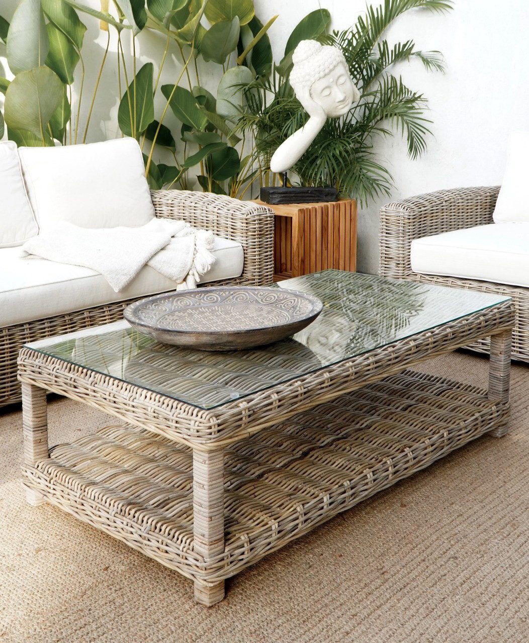 More2Home Couchtisch Rattan-Couchtisch, SPLIT, 100 x 50 cm grau