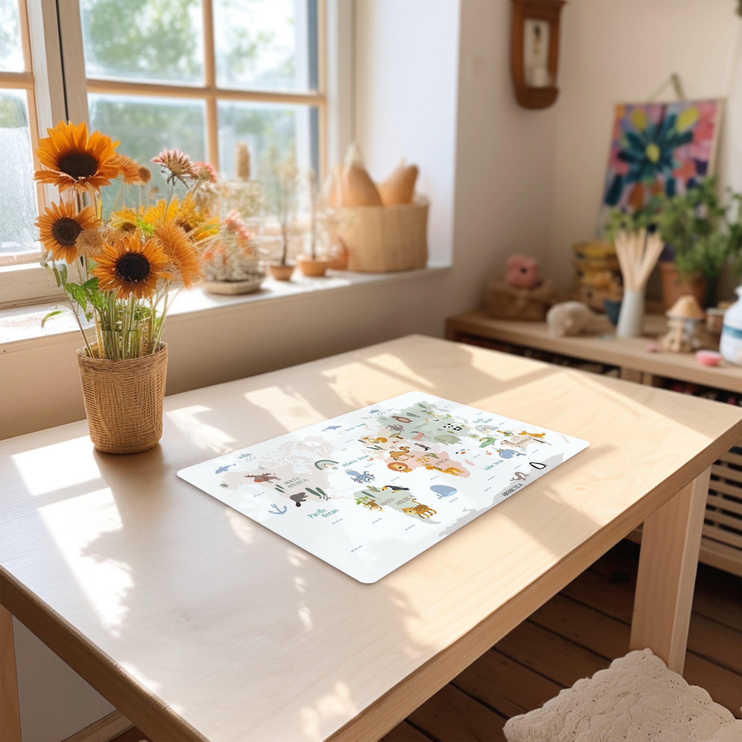 MuchoWow Platzset Weltkarte - Tiere - Kinder - Pastell, (1-St), Kinder-Arbeitsunterlage Schreibtisch, Bastelmatte Kind, Zeichenmatte – Bild 4 von 5