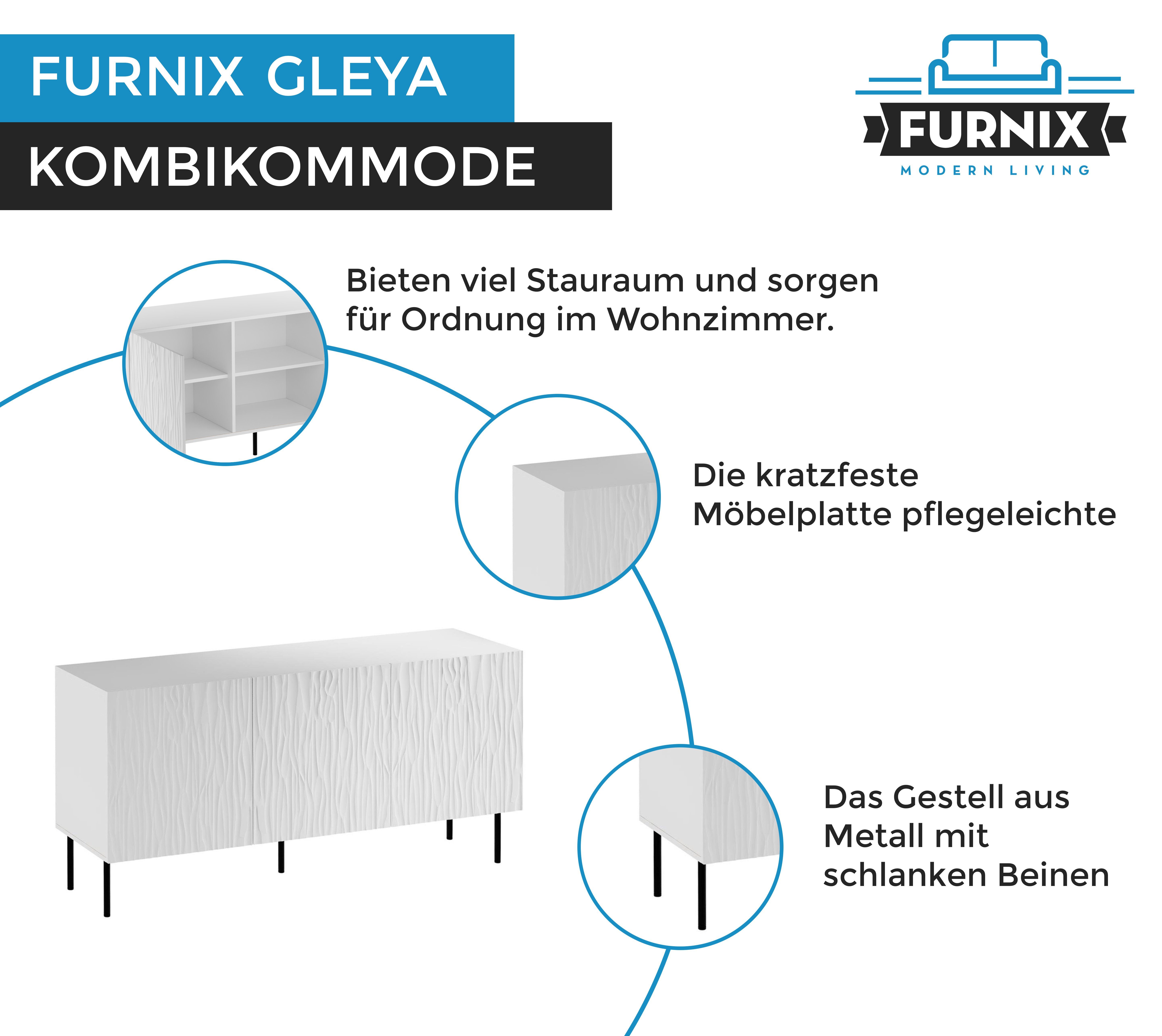 Furnix Kombikommode 190 GLEYA Highboard H74,5 Sideboard cm x x Fronten, Weiß gefrästen oder B152 multifunktioneller T42 matt mit