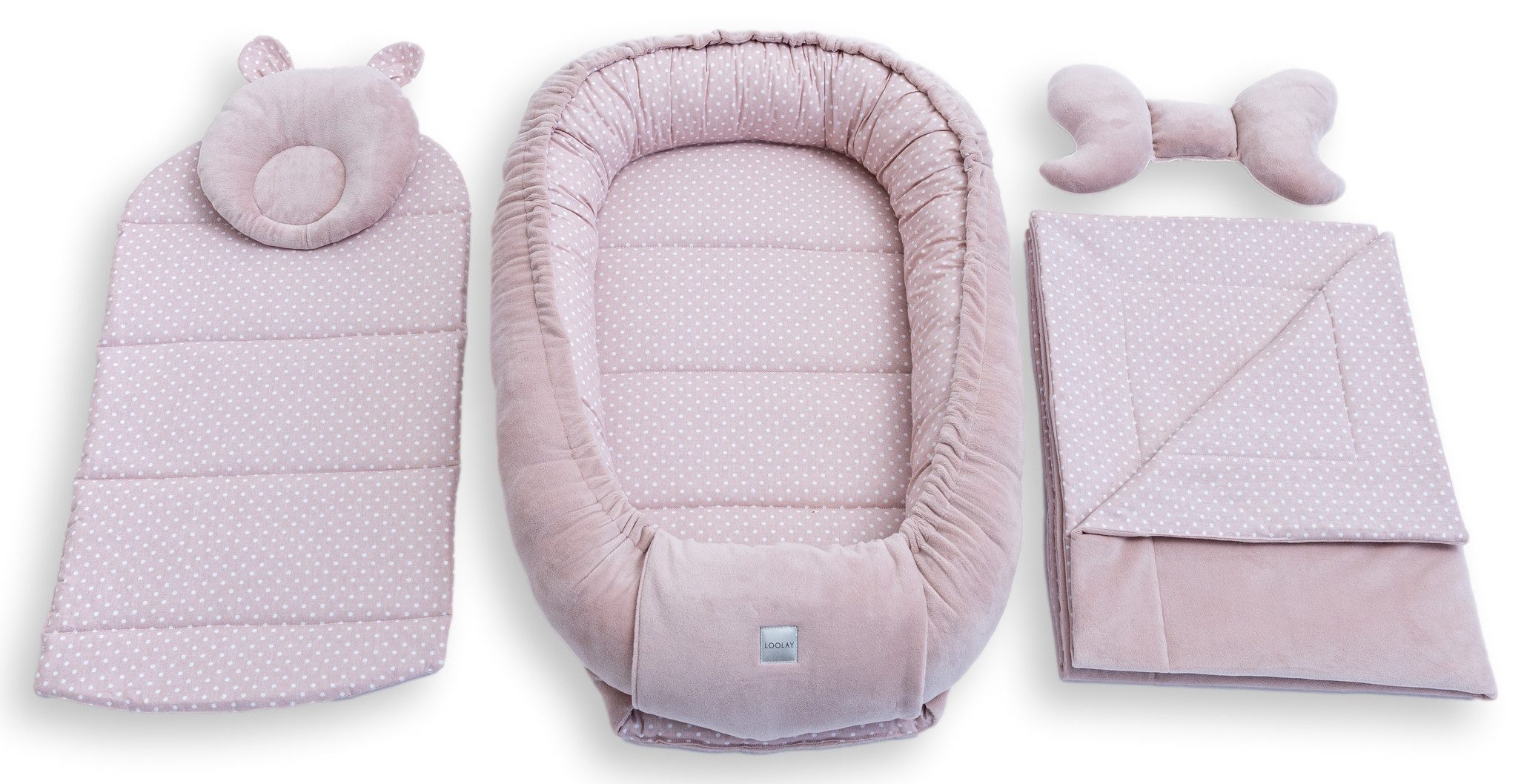 Loolay Kuschelnest BABYNEST 5 TLG. Set PREMIUM Babyausstattung Baumwolle & Samt Velours, (MUSTER: ROSA Samt Velour/ Mini PUNKTE Rosa, 5-tlg., Liebevoll handgefertigt Nestchen! Geborgenheit Komfort für Neugeborene), Premium Ausstattung - 100% Europäische Stoffe und Kleinserien-Nähen!