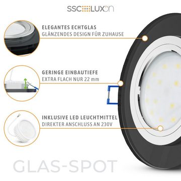 SSC-LUXon LED Einbaustrahler Glas LED-Einbaustrahler flach, rund, schwarz spiegelnd, fourSTEP Dim, Warmweiß