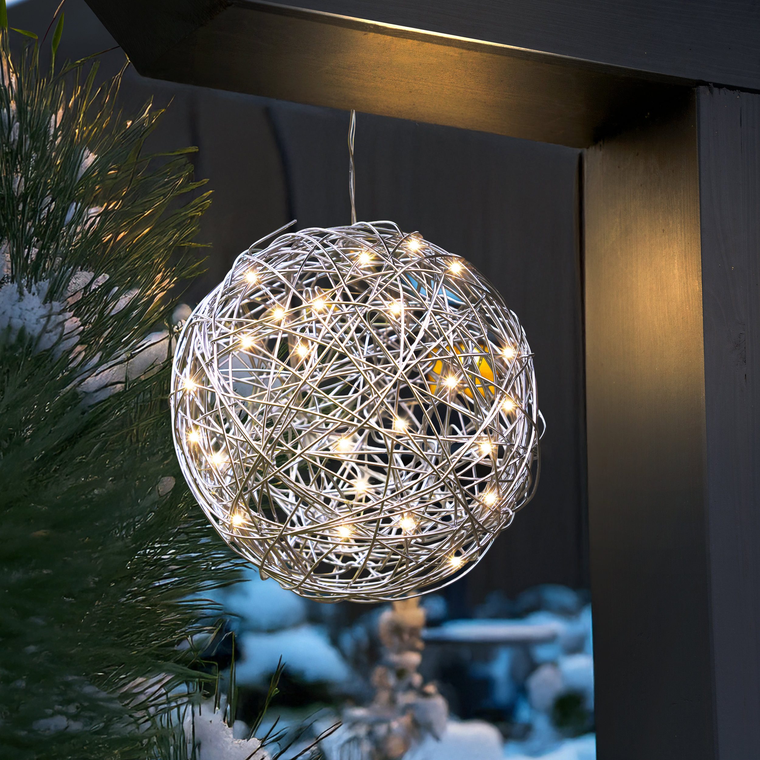 esotec LED-Hängeleuchte Solar Drahtkugel silber Ø25cm 50LEDs warmweiß 3000K outdoor 102115, LED fest integriert