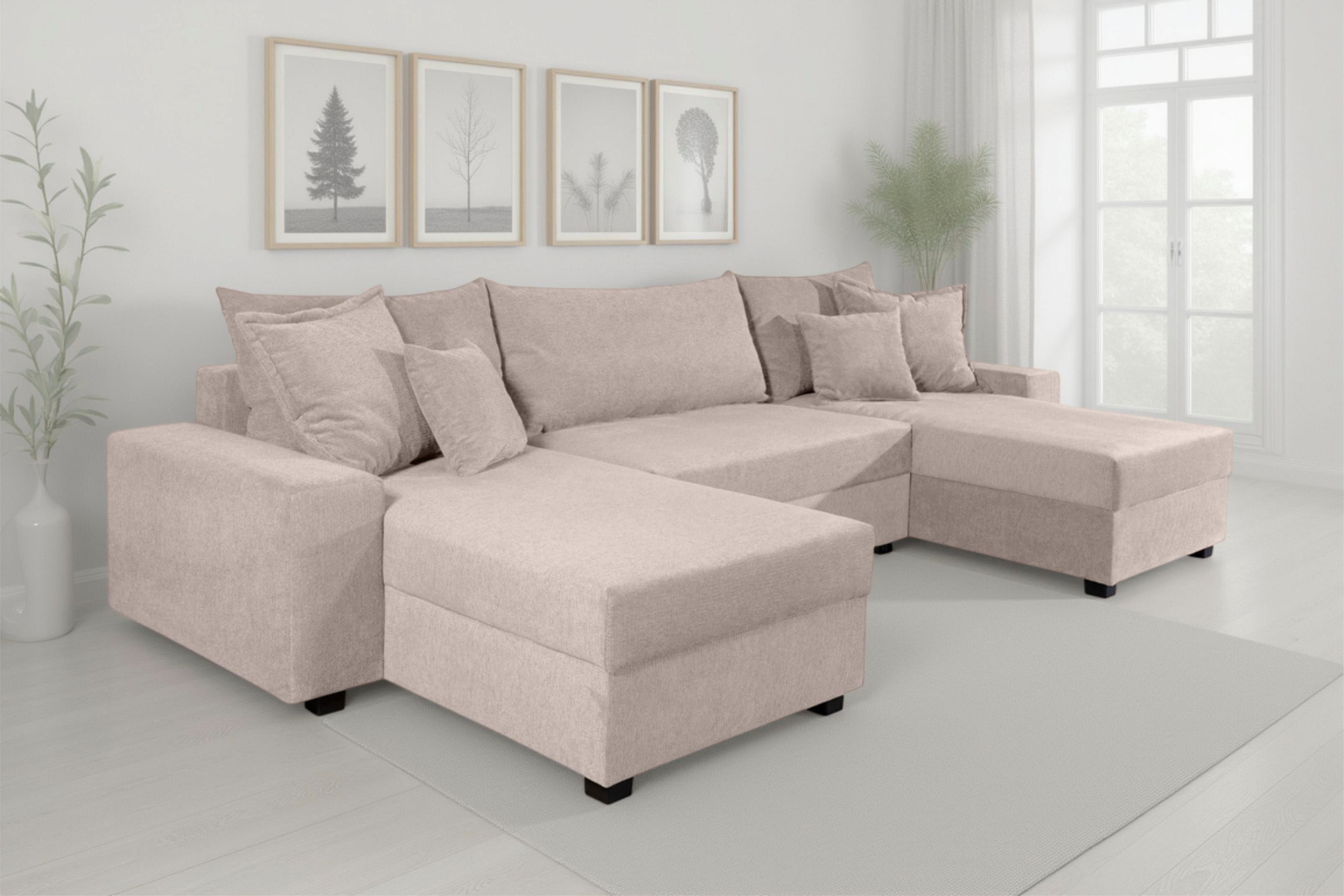 OTTO home Wohnlandschaft Alexa U-Form, B: 313 cm, inkl. Schlaffunktion, inkl. Bettkasten, 4 Zierkissen, XXL Liegefläche 268x137cm, Federkern