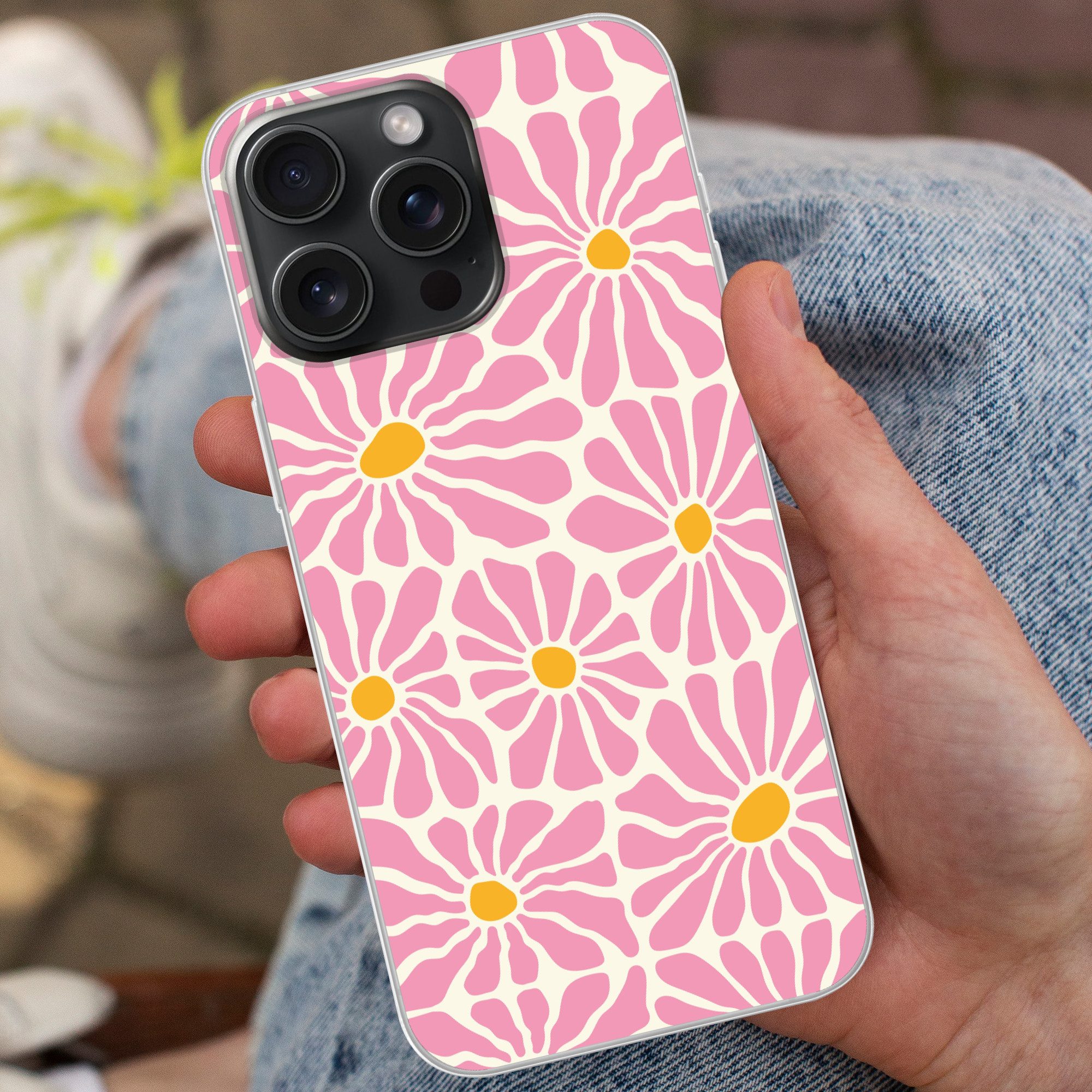 MuchoWow Handyhülle für Apple iPhone 15 Pro Max Blumen - Muster - Rosa - Beige - Orange, Smartphone-Bumper, Print, Handy Schutzhülle Dünn