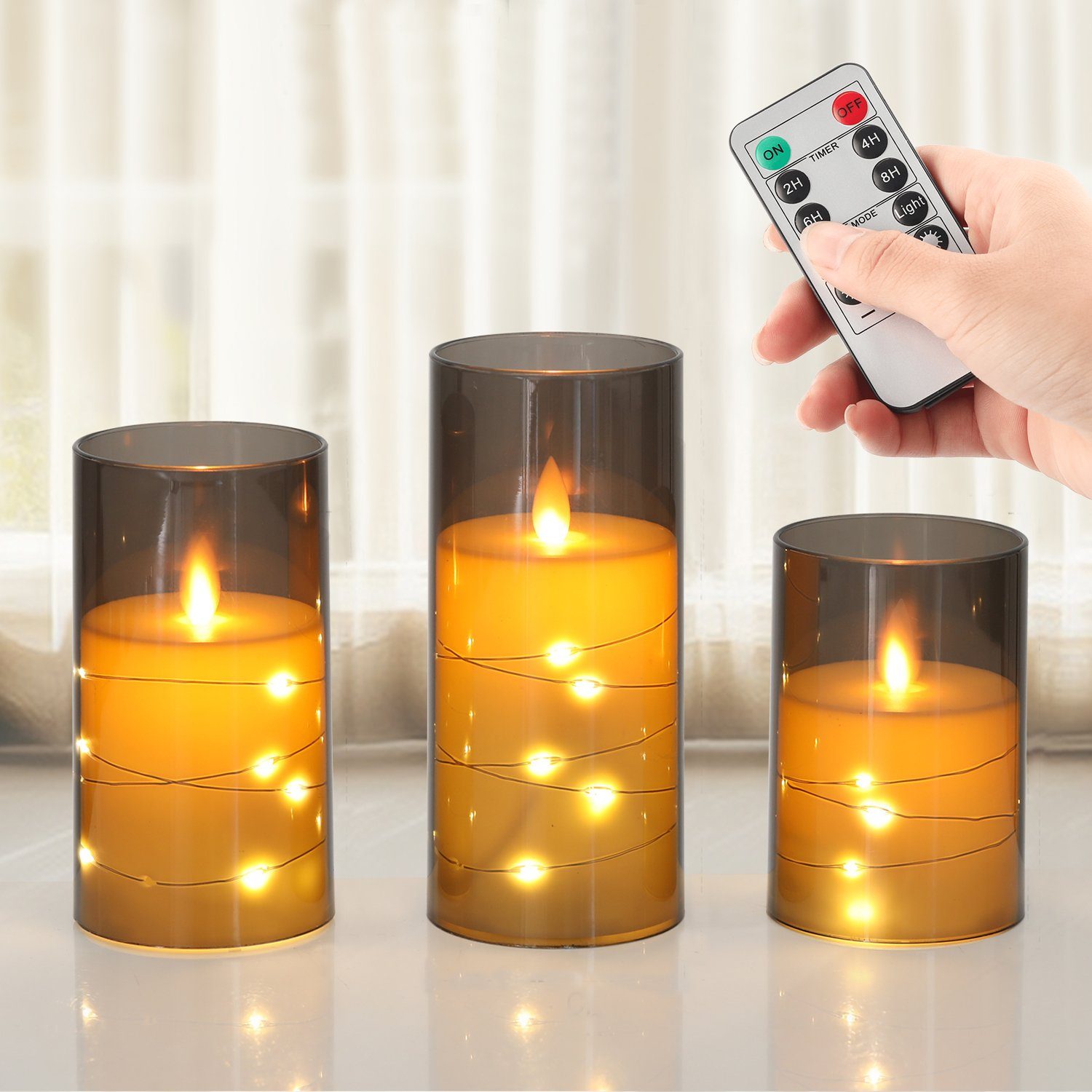 3er 10/12/15cm Set LED LED mit Flammen, Kerzen Fernbedienung Flammenlose LED-Kerze tanzenden Kerze 10-Tasten realistischen mit Weihnachtsdeko LETGOSPT Timer,