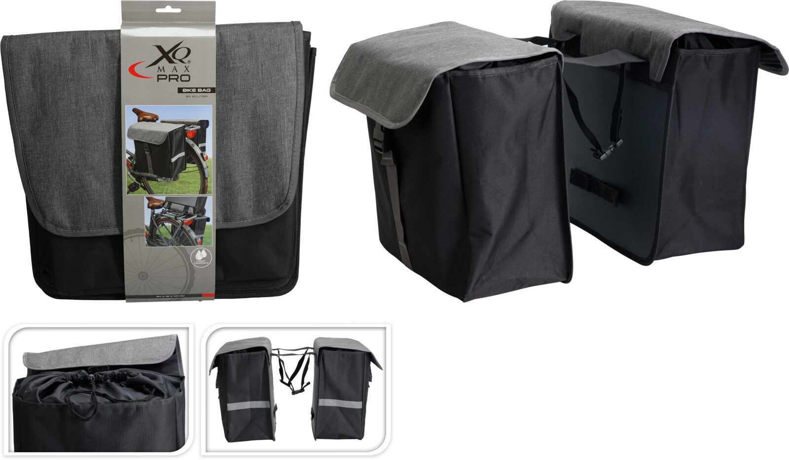 Koopman Fahrradtasche Gepäckträgertasche Doppeltasche Tasche 40L Polyester (Stück, 1-tlg., Packung), 2x20 Liter, Reflektoren, 34x35cm je Tasche, Gurtbefestigung