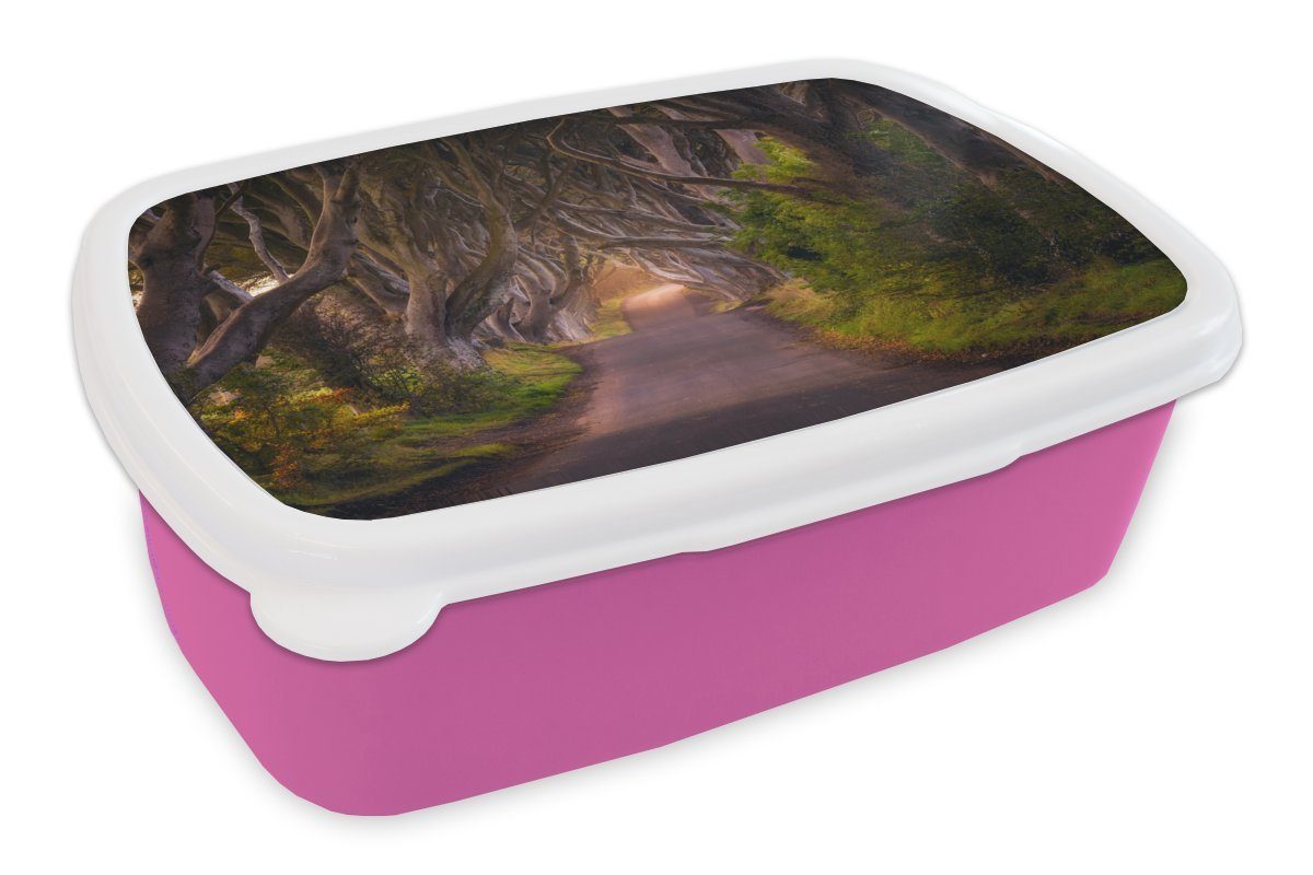 MuchoWow Lunchbox Natur - Waldweg - Märchenbaum - Weg mit Bäumen - Frühling, Kunststoff, (2-tlg), Brotbox für Erwachsene, Brotdose Kinder, Snackbox, Mädchen, Kunststoff rosa