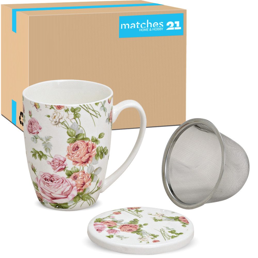 matches21 HOME & HOBBY Tasse Teetasse mit Deckel und Teesieb 36er Set Blumen Rosen-Blüten, Porzellan, Tee Kaffee-Becher Kaffeetasse klassisch weiss bunt 300 ml