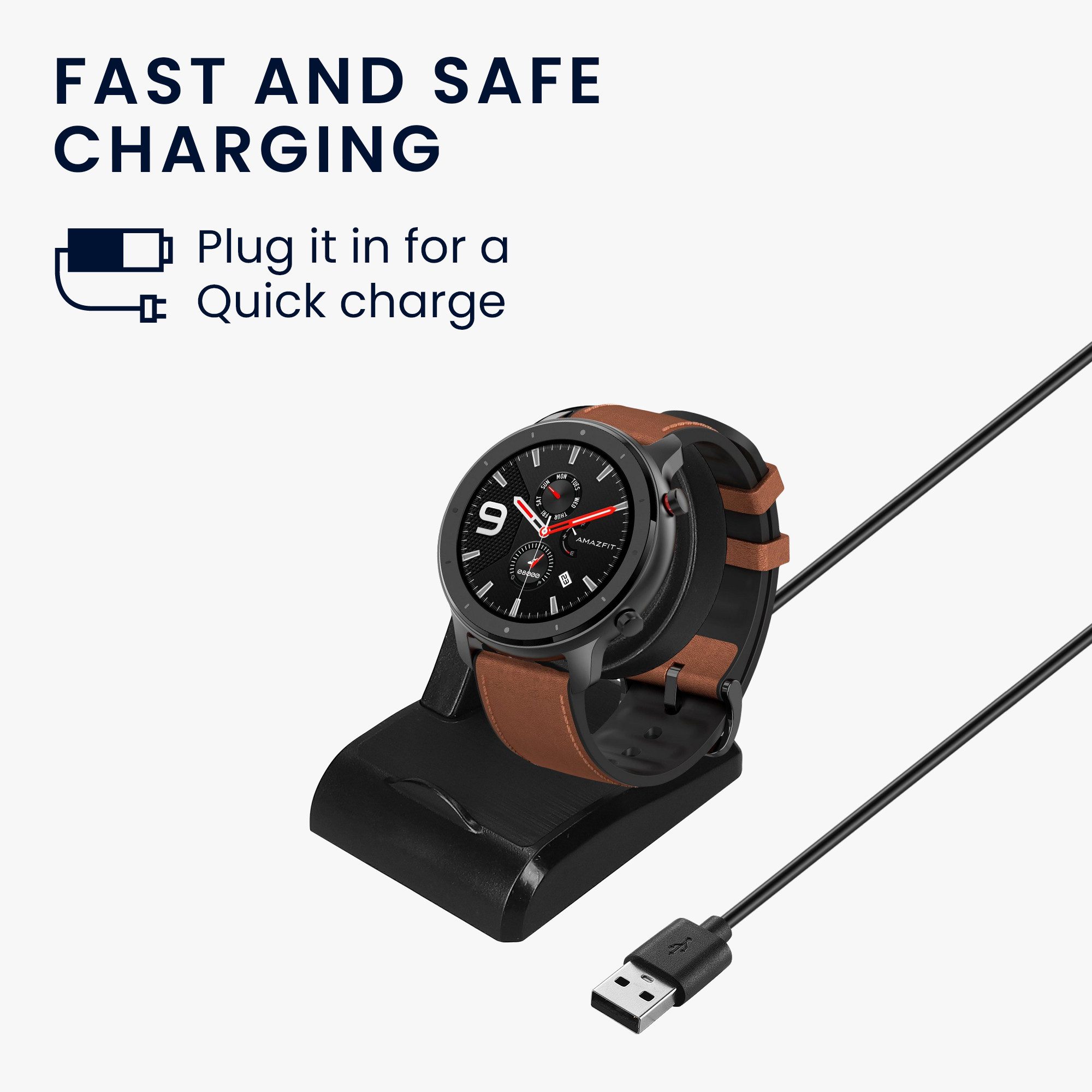 kwmobile USB Ladegerät für Amazfit GTR 42mm / GTR 47mm / GTS / T-Rex Ladekabel Smartwatch-Ladekabel, (8.00 cm), Ersatz Ladegerät für Smartwatch Fitness Tracker mit Standfunktion
