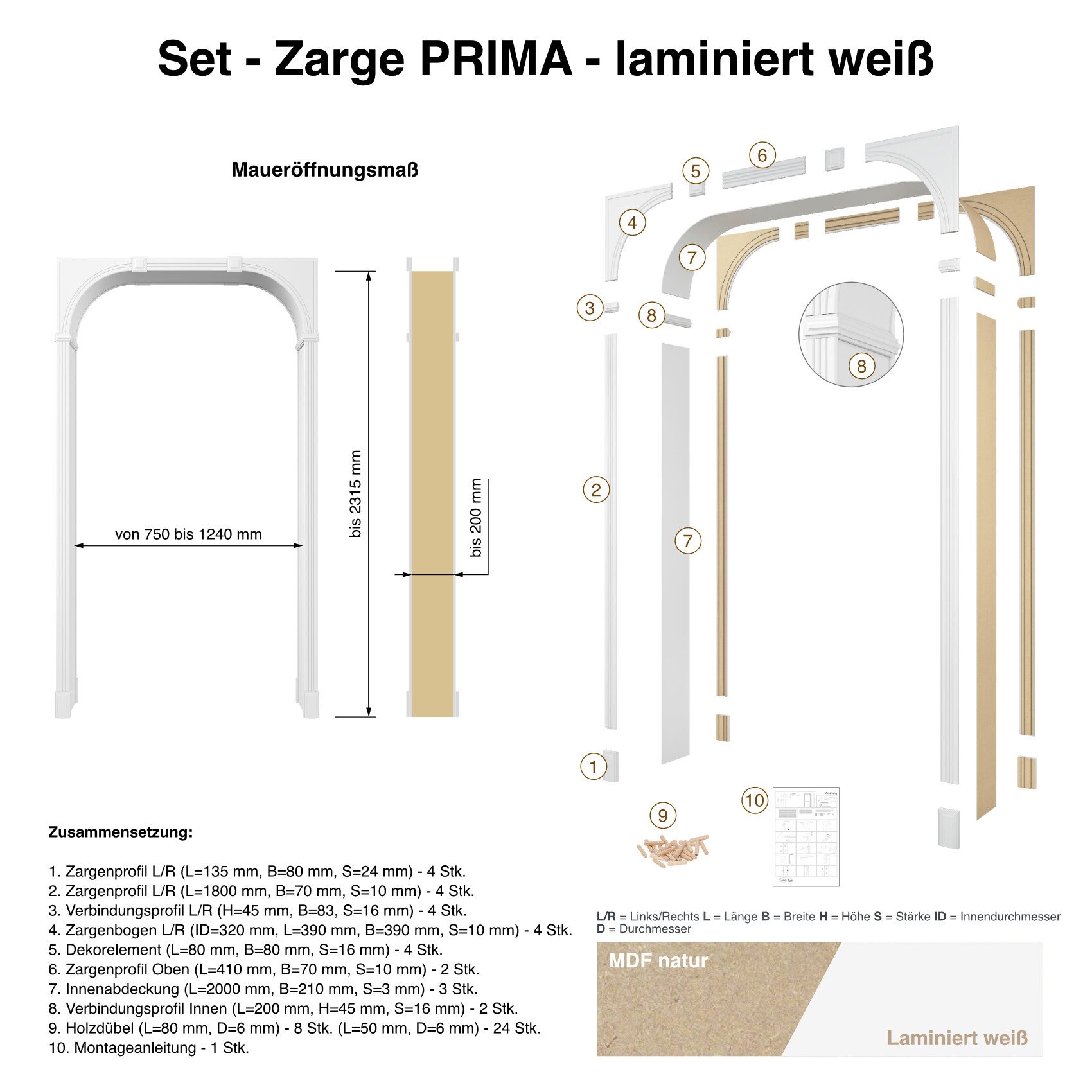 Hexim Decken-Rosette (Zarge weiß Türrahmen – Durchgangszarge Selbstmontage Türzarge Durchgangsfutter laminiert (Prima) – Rundbogen Dufu, Türumrandung, Kompletts – Bild 3 von 5