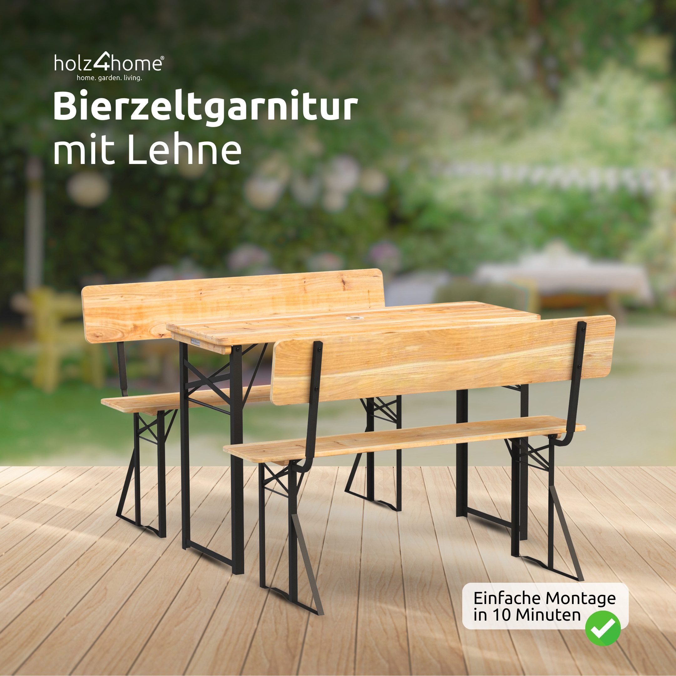 holz4home® Bierzeltgarnitur 3-teilig I Festzeltgarnitur aus Holz und Metall, Klappbar