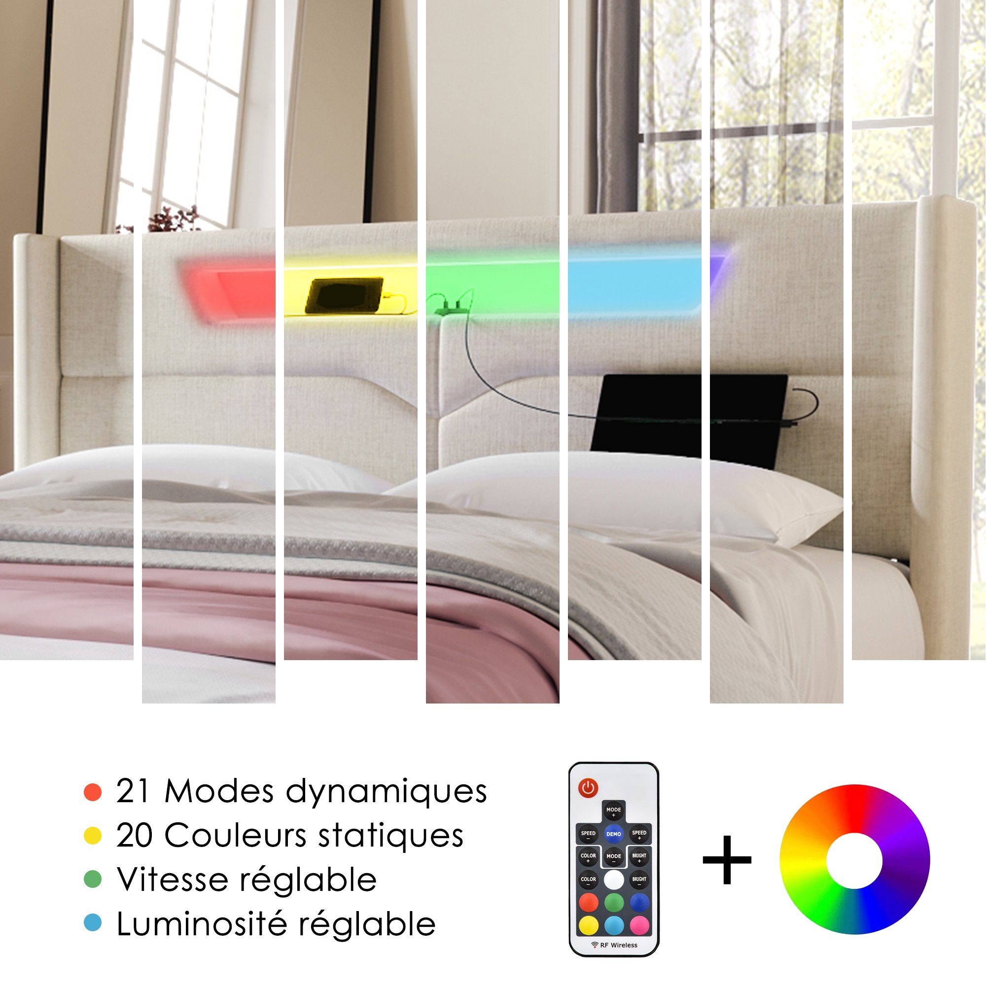 Polsterbett (Hydraulisches Bett mit Lattenrost und LED-Beleuchtung), Stauraumbett mit USB Typ C Ladefunktion Kopfteil, Leinen, 140x200cm