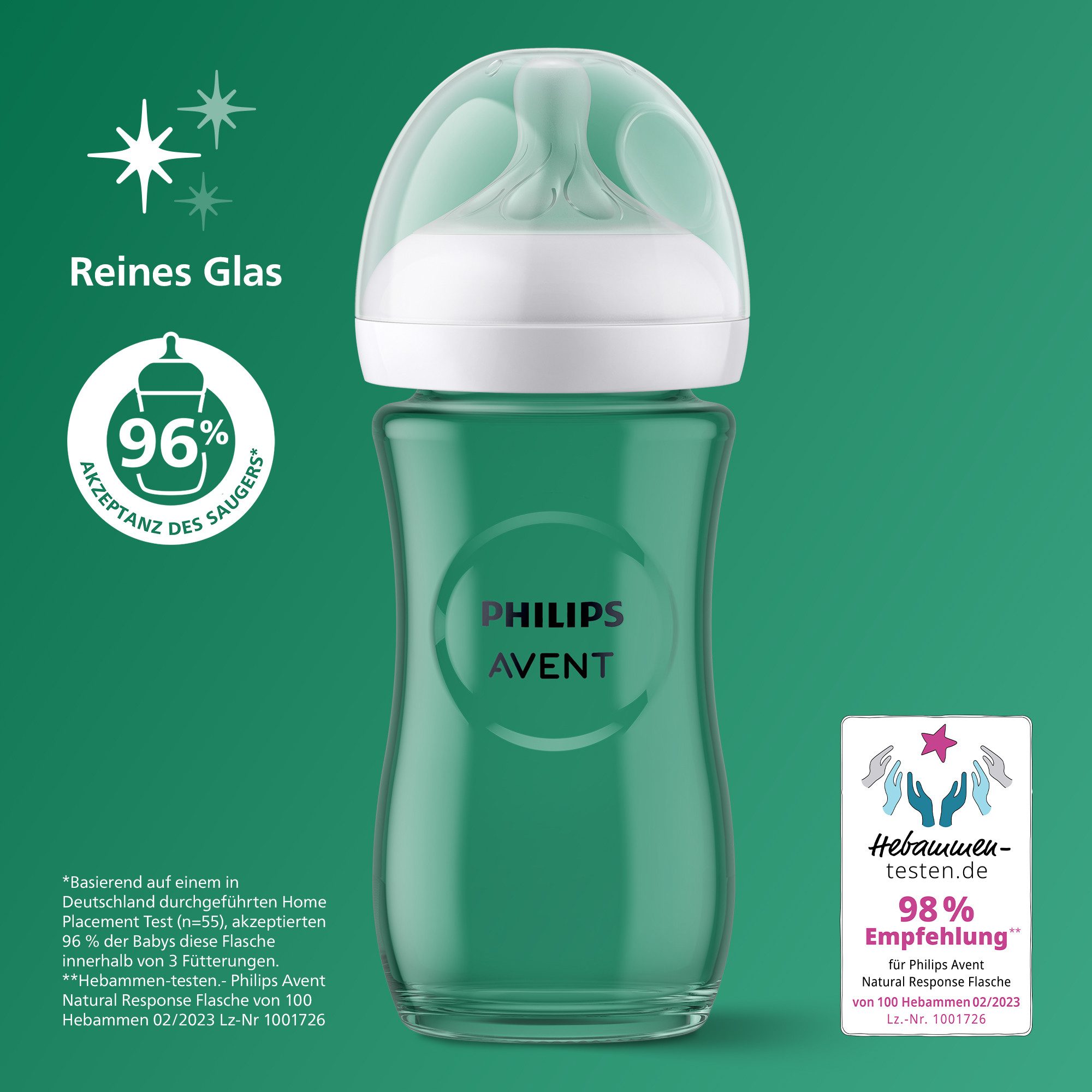 Philips AVENT Babyflasche Natural Response Babyflasche, aus Glas, 2er-Pack, mittlere Durchflussrate