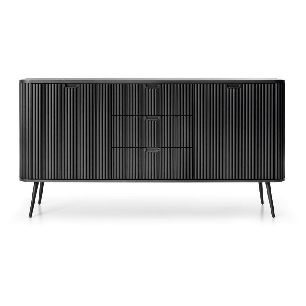 Lomadox Sideboard ZARA-160, in schwarz Rillen gerillt Füße schwarz Türen Schubladen 168x87x39 cm