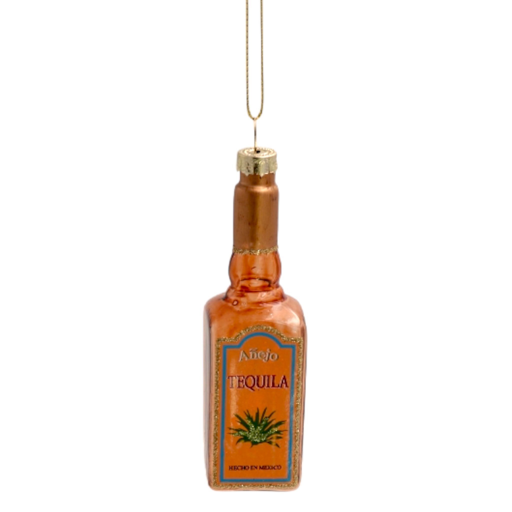 Christbaumschmuck Glas-Anhänger Tequila-Flasche, 12 cm – Glitzernde Weihnachtsdeko