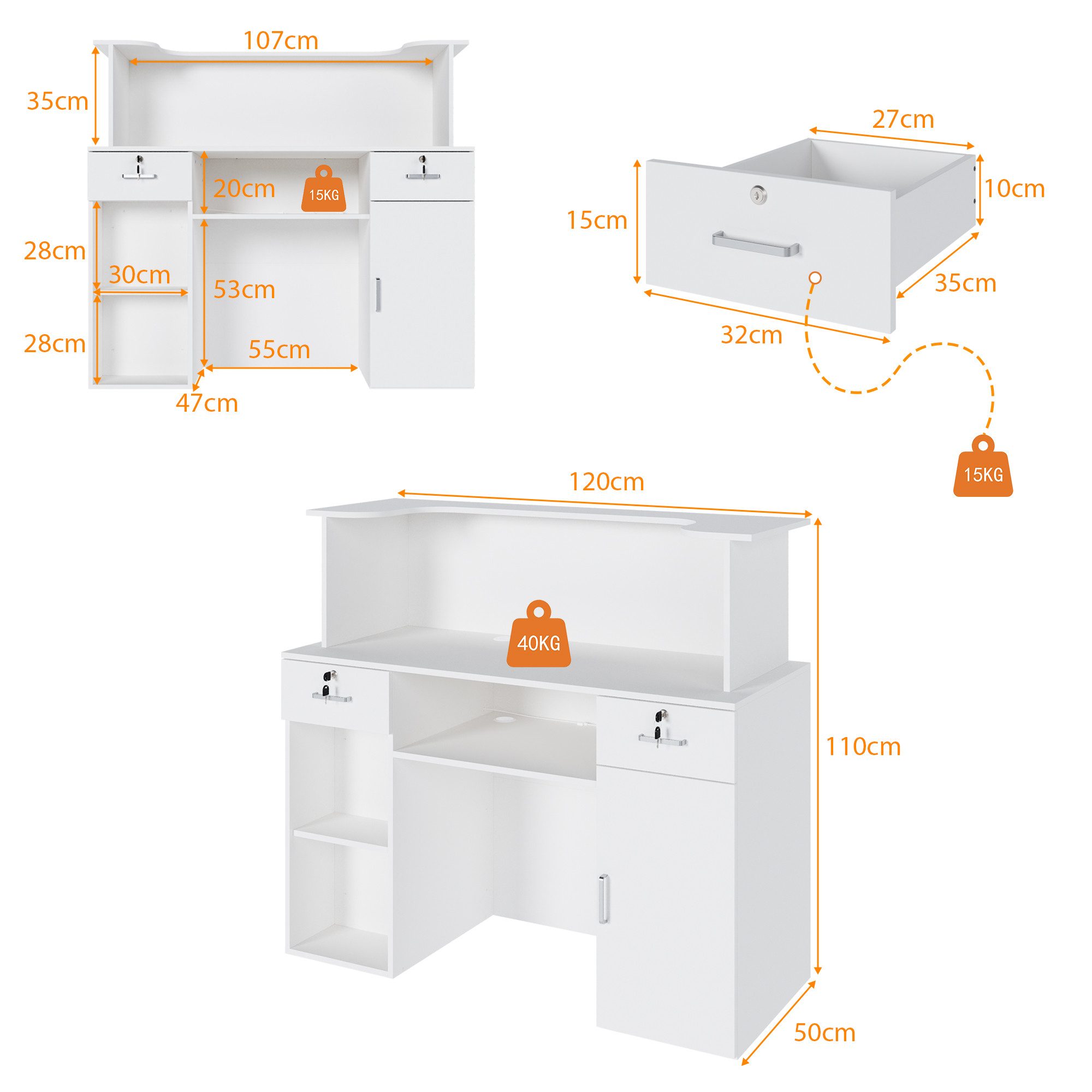FUFU&GAGA Empfangstheke Empfangstheke mit LED-Beleuchtung, Weiß, MDF, 120×50×110 cm – Bild 3 von 5