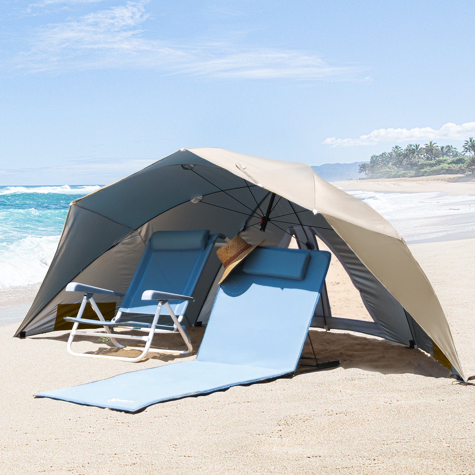 HOMECALL Strandmuschel mit zum umbrella 50+ UV-resistentes Sonnenschirm für Strandschirm, Khaki, system Personen 2-3 Umfunktionieren