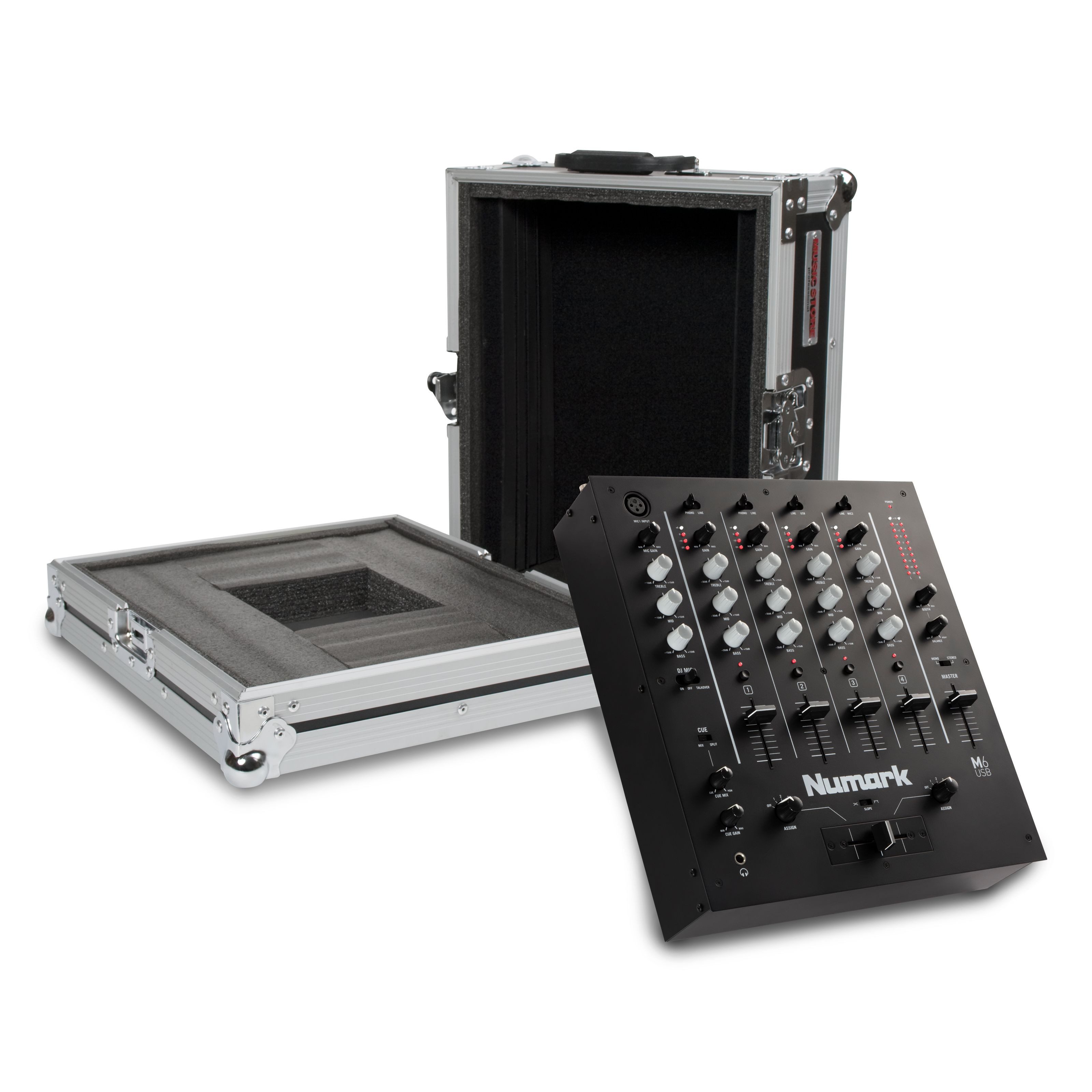 Numark Mischpult, (M6 USB DJ Clubmixer Schwarz 3-Band EQ 2 Phono Mikrofon Eingänge 4 Line Eingänge Crossfader Integriertes Audio Interface Symmetrische Ausgänge Kompakt Leicht 4.35kg, DJ-Mixer, DJ-Clubmixer), M6 USB + Haubencase - DJ Mixer-Set