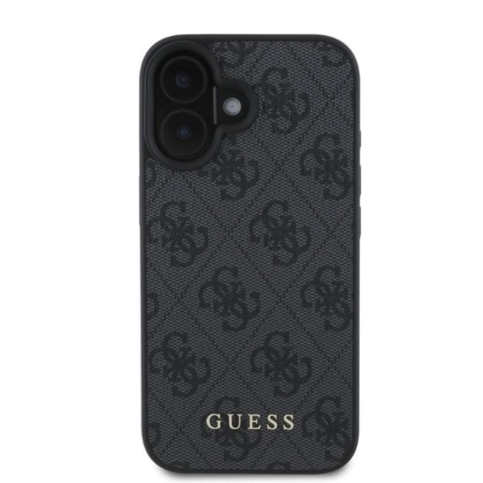 Guess Handyhülle iPhone 16 Kunstleder grau Muster Logo goldfarbig 6,1 Zoll, Kantenschutz