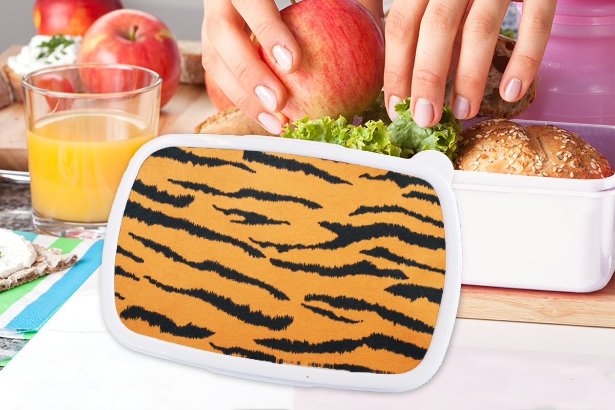 - - MuchoWow Brotdose, für Brotbox Erwachsene, Jungs Mädchen Lunchbox und (2-tlg), und Tigerdruck Braun Kunststoff, für Kinder Orange, weiß