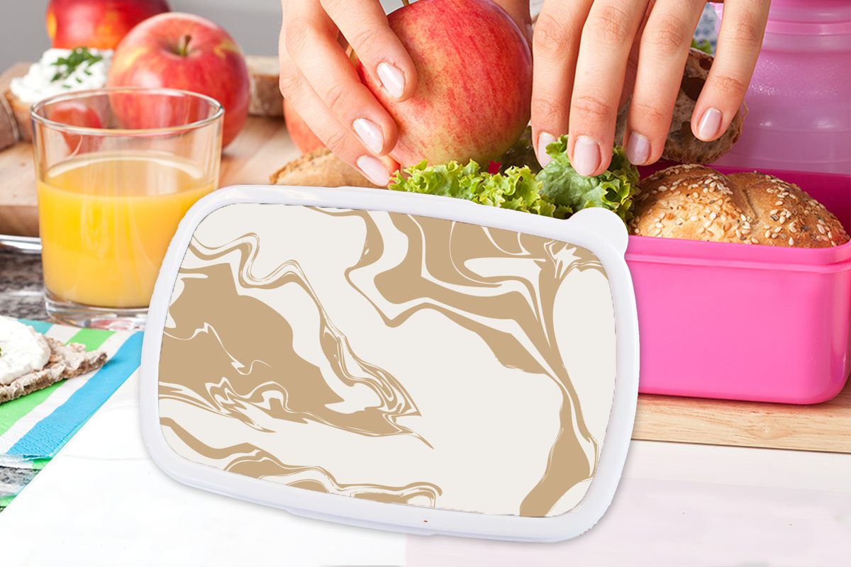 - MuchoWow Kinder, Muster, Lunchbox Brotbox (2-tlg), Brotdose rosa Kunststoff, Erwachsene, Mädchen, für Marmor - Snackbox, Kunststoff Weiß