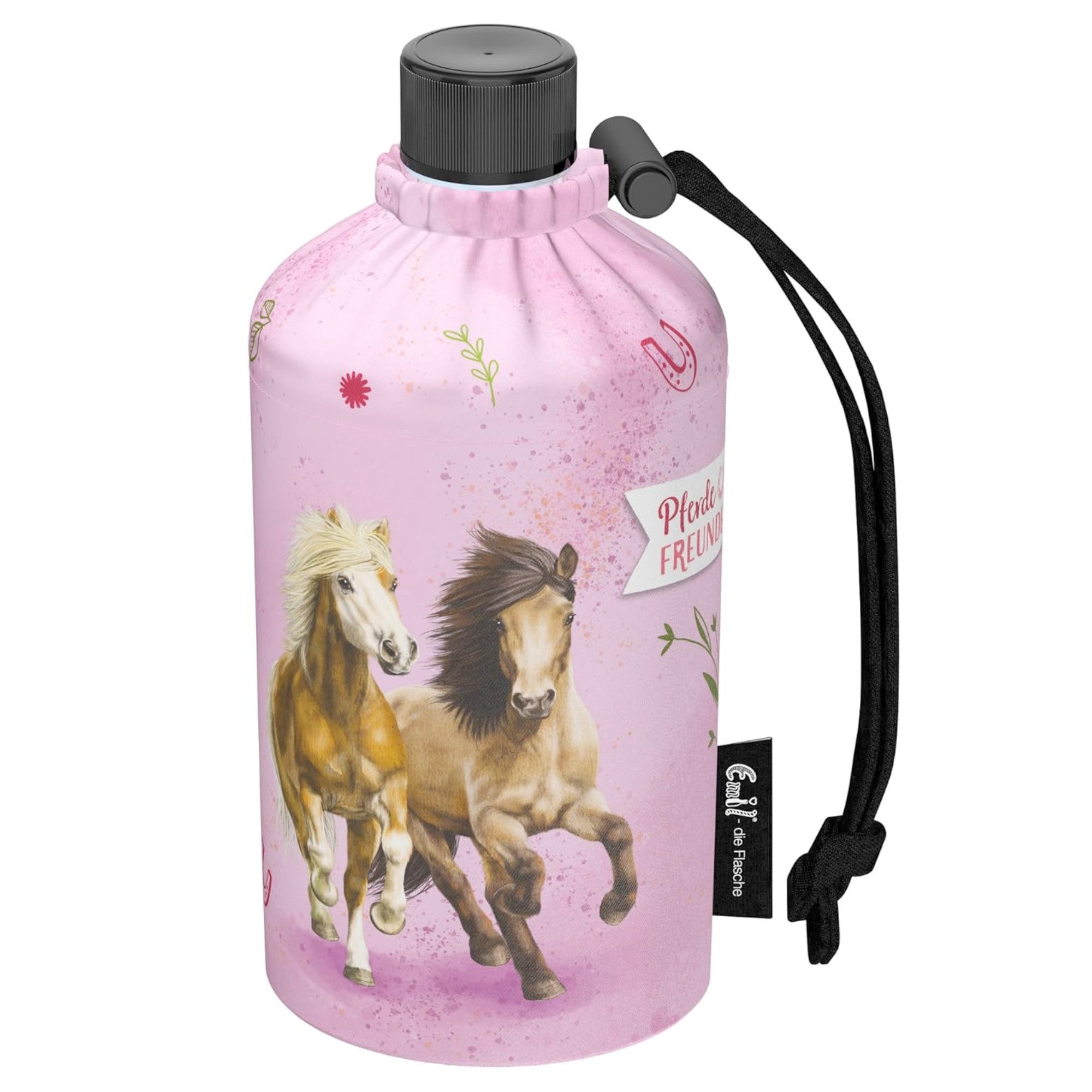 Emil Trinkflasche Pferdefreunde© Trinkflasche, Auslaufsicher, BPA-Frei, Bruchsicher, Flasche aus Glas, 300ml