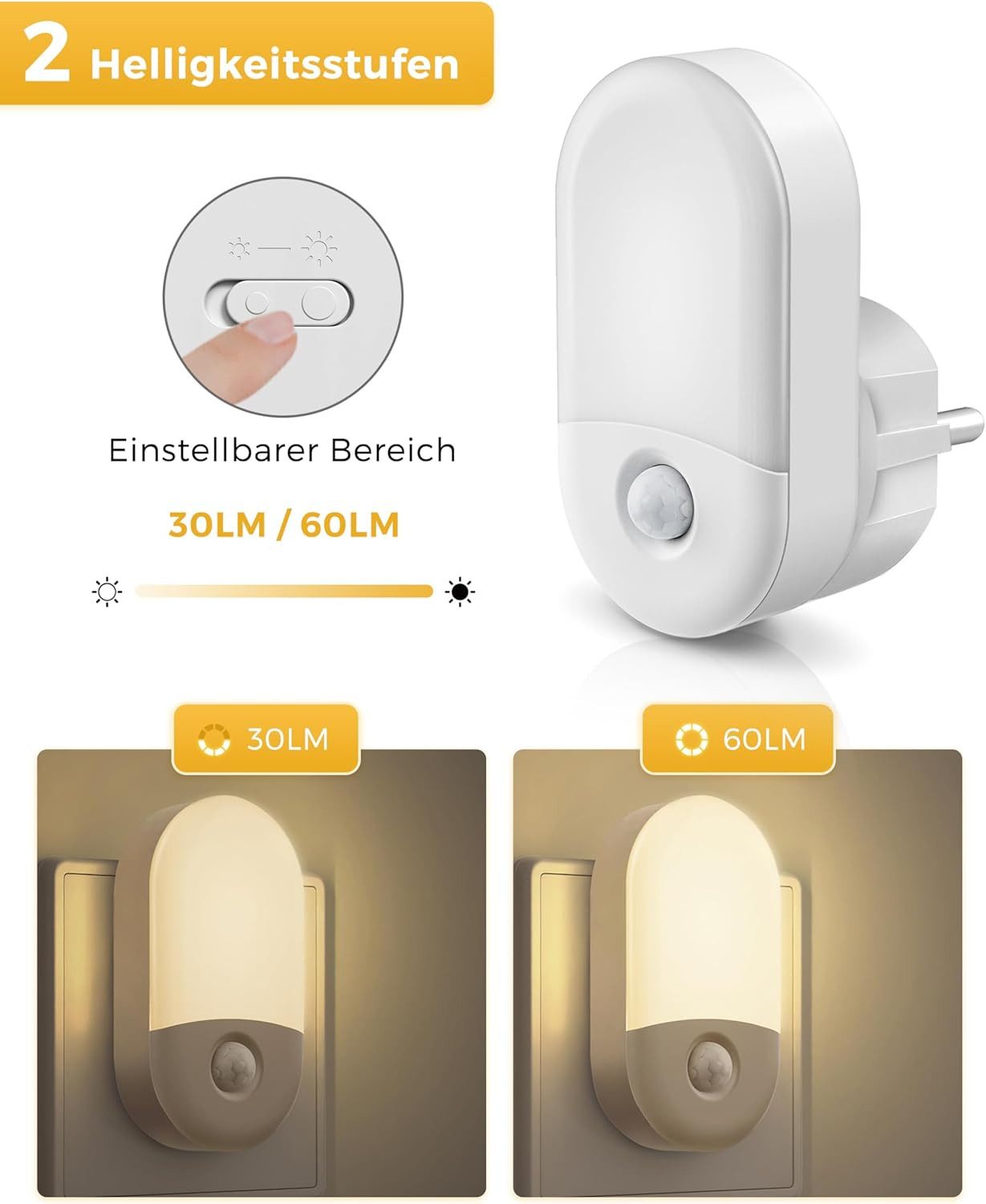 LOHAS-LED Nachtlicht Ovales Halo Steckdosen-Nachtlicht, Bewegungssensor dimmbar, LED fest integriert, warmweiß, 3000K, ideal für Flur & Treppenhaus