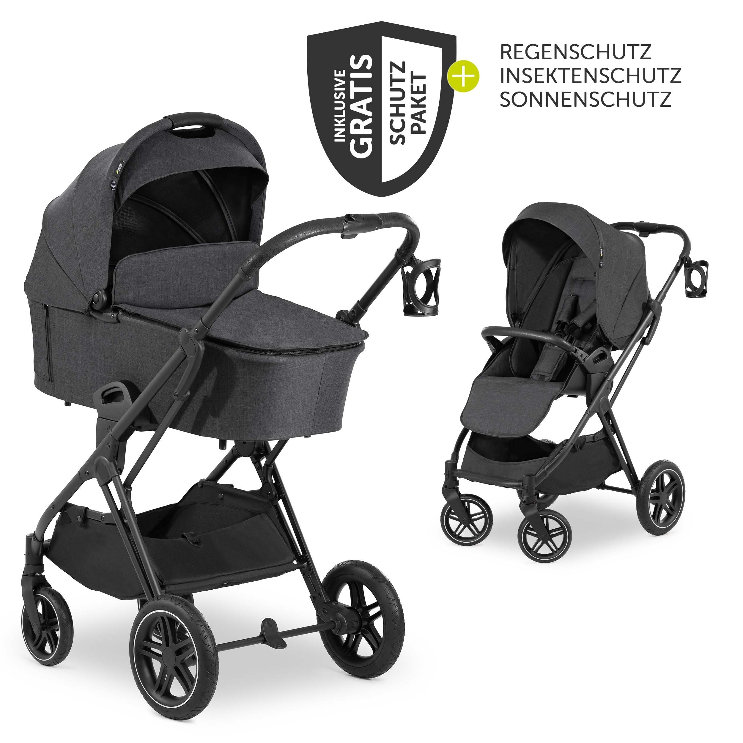 Hauck Kombi-Kinderwagen Vision X Duoset Black - Melange Black, (6-tlg), 2in1 Kinderwagen Buggy Set mit Babywanne, Sportsitz und Regenschutz Black Melange Black