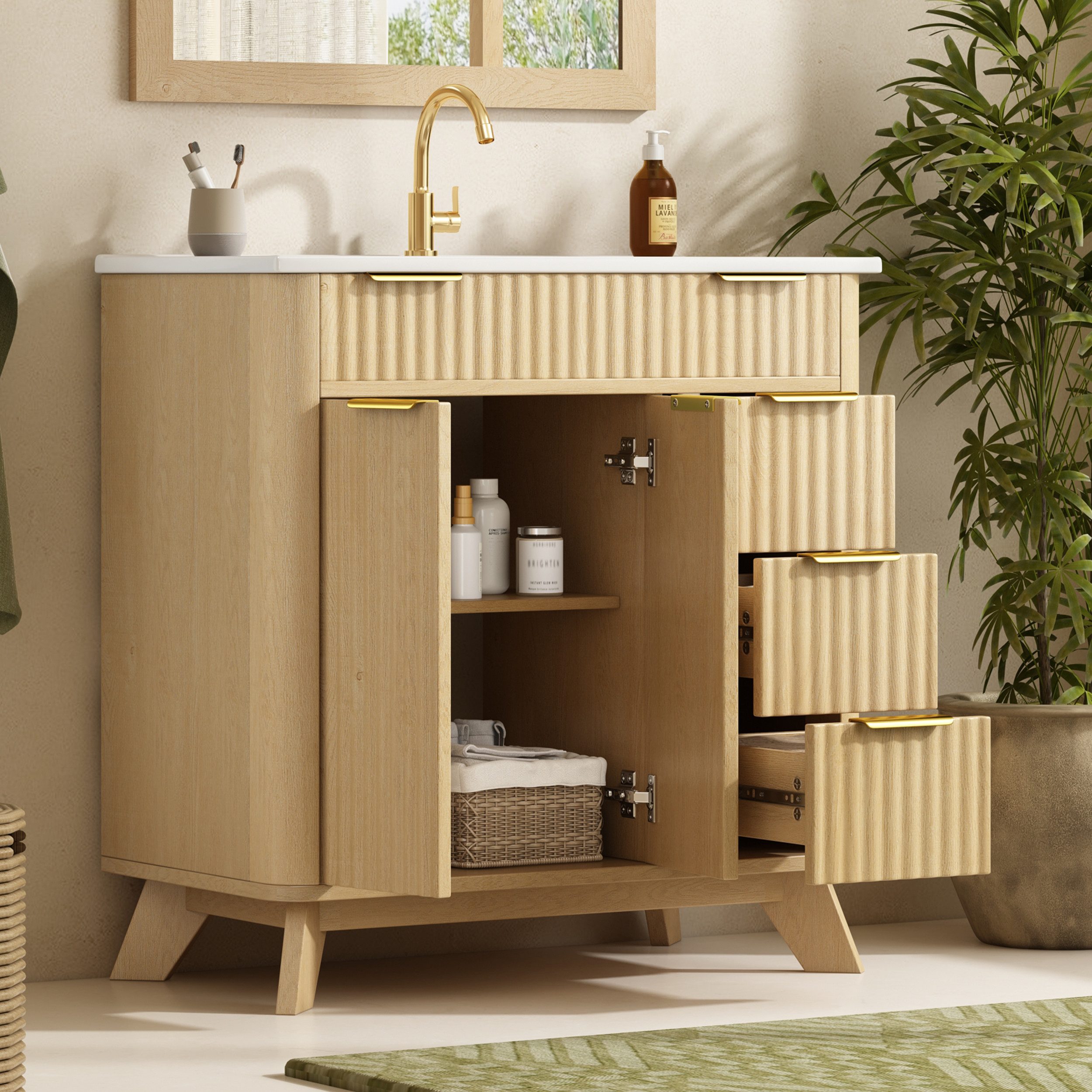 Merax Waschtisch mit Waschbecken, freistehend Waschtischunterschrank Holzoptik (Badezimmer Unterschrank ohne Armatur, 1-St., 81×47×90cm), Badschrank mit 3 Schubladen, Doppeltür & Einlegeboden