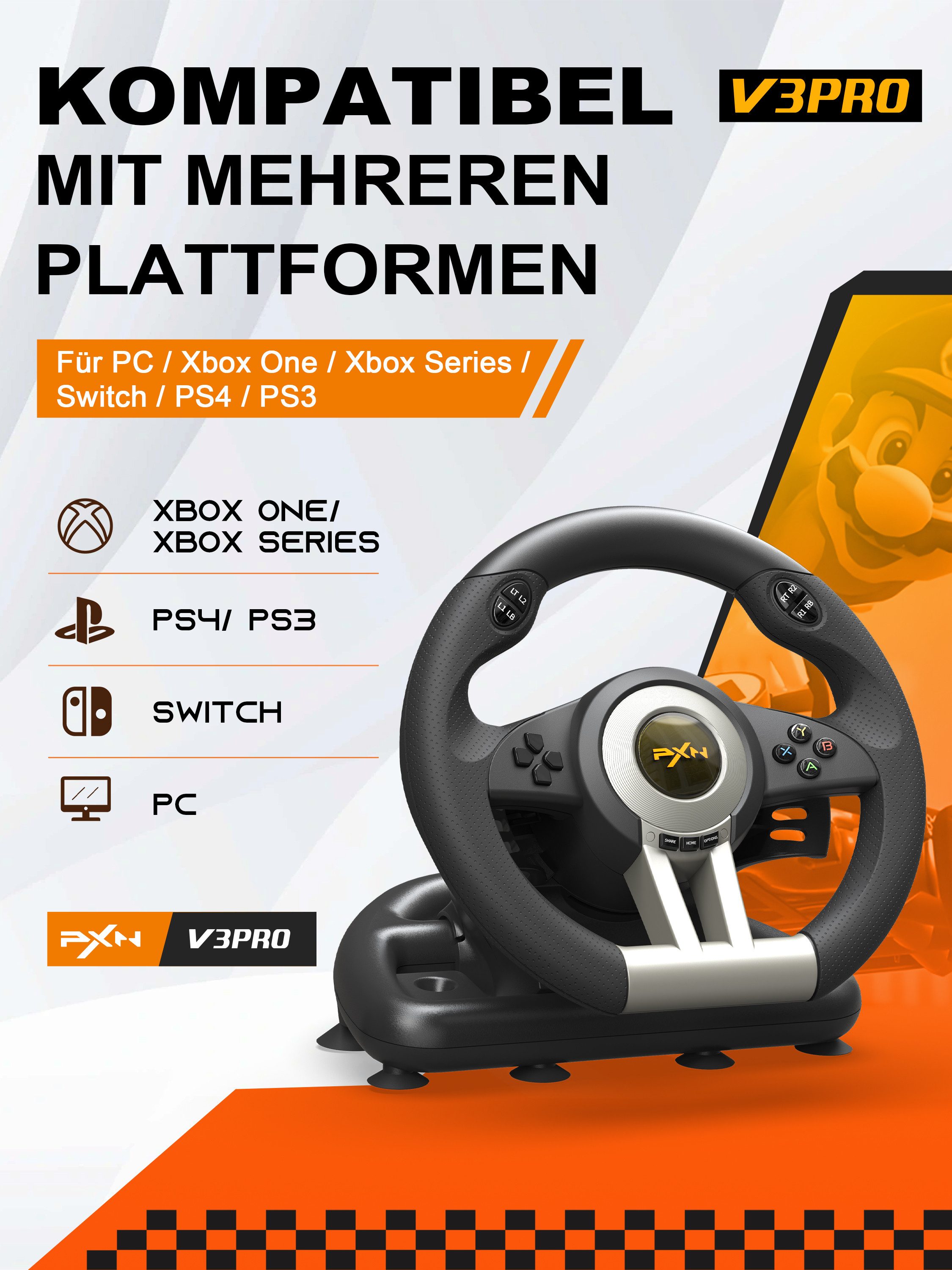 PXN V3 Pro Gaming-Rennlenkrad mit Pedalen, Dual-Motor-Vibration Gaming-Lenkrad (kompatibel mit PC, PS3, PS4, Xbox & Nintendo Switch)