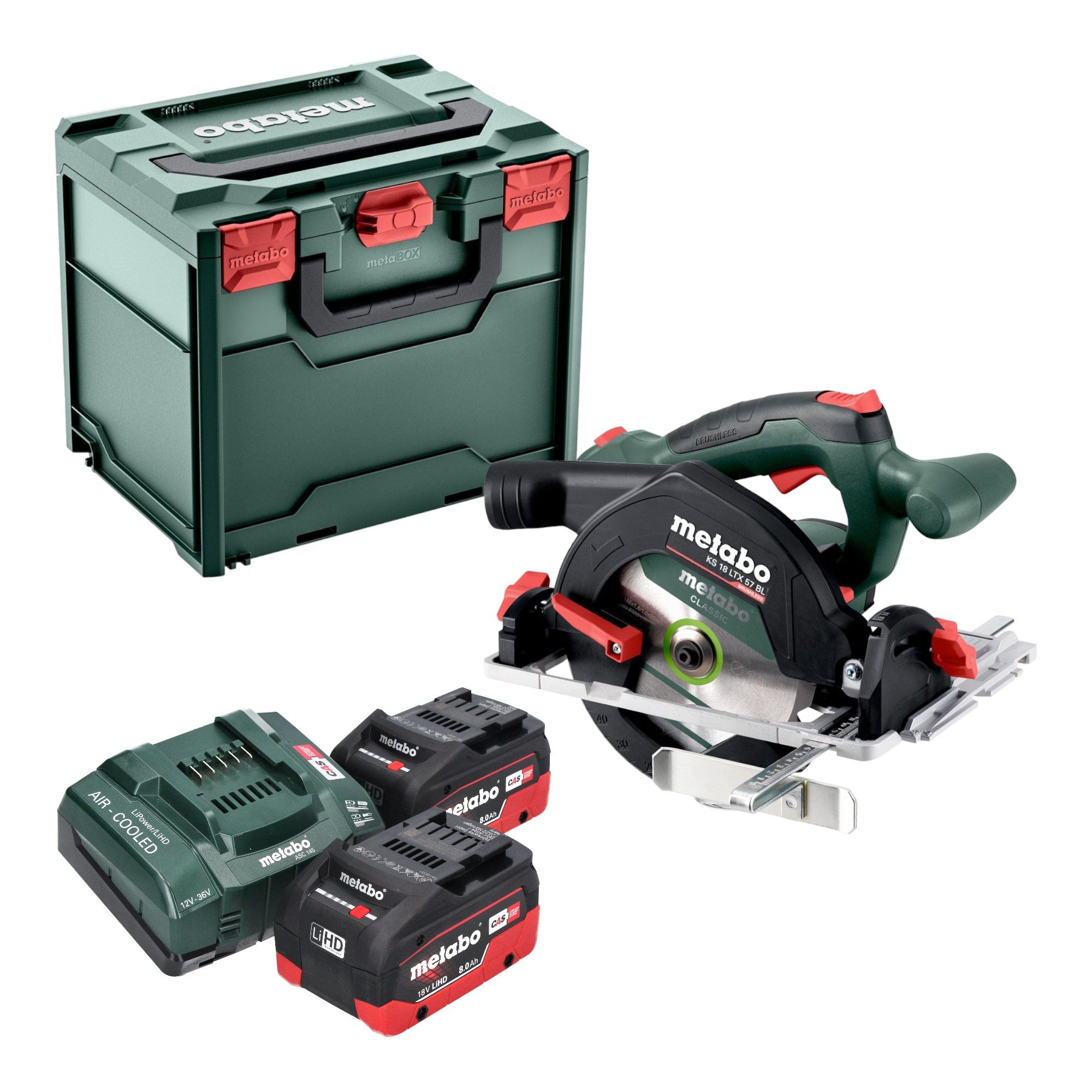 metabo Kompakt-Handkreissäge KS 18 LTX 57 BL 18V 57 mm + 2x LiHD Akku 8,0 Ah + Lader + Metabox