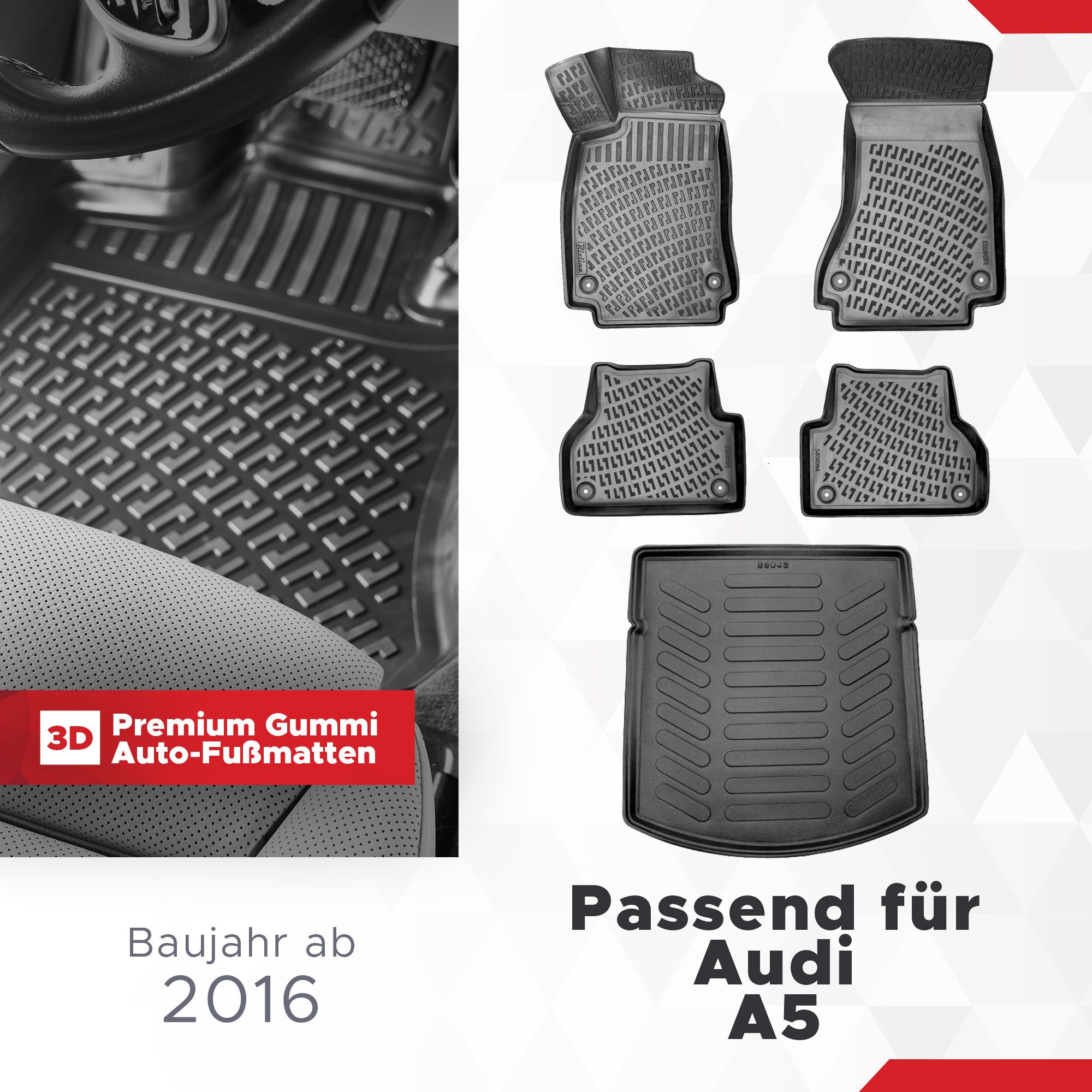 fussmattenprofi.com Auto-Fußmatte 3D Auto Gummimatten & Kofferraumwanne Set für Audi A5 ab 2016 (1 St), für Audi Audi A5