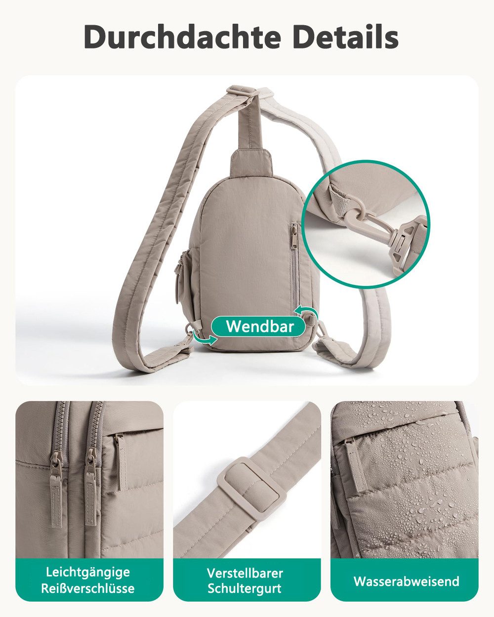 nsihing Umhängetasche Damen Crossbody Bag, Puffer Brusttasche Handytasche Zum Umhängen, Sling Bag mit RFID-Blockierung und Verstellbarer Breitem Schultergurt – Bild 5 von 5