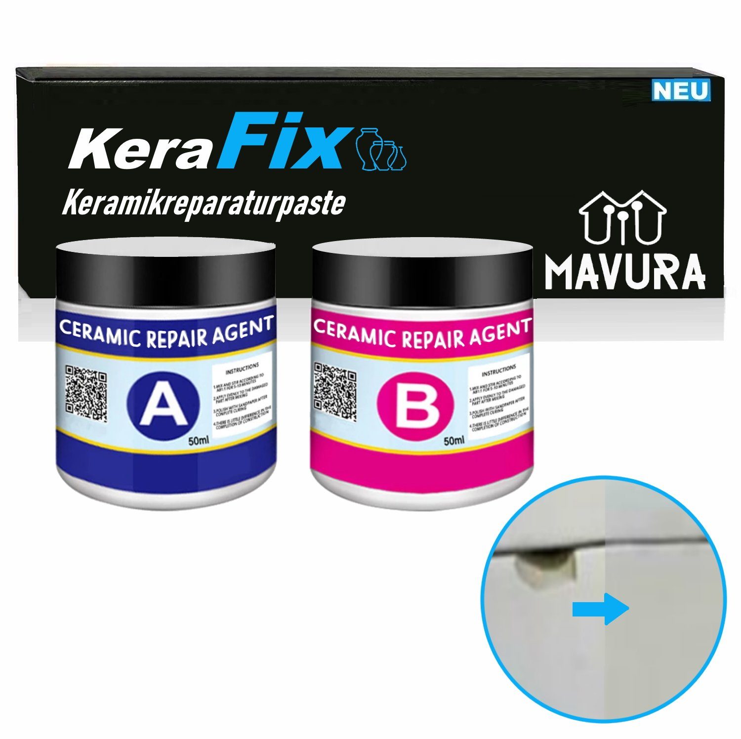 MAVURA Reparaturmasse KeraFix Keramikreparaturpaste Paste Keramikpaste), Keramik, weiß Reparatur Porzellan Reparaturmasse (Fliesenreparatur Fliesenreparaturmittel Fliesen