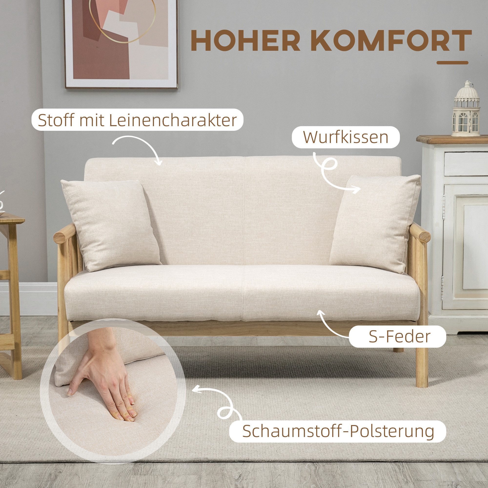 HOMCOM 2-Sitzer Couch mit 2 Lendenkissen, Leinenoptik, Modern Doppelsofa, Sofa 1 Teile, für kleine Räume, Wohnzimmer, Schlafzimmer, Beige – Bild 4 von 5