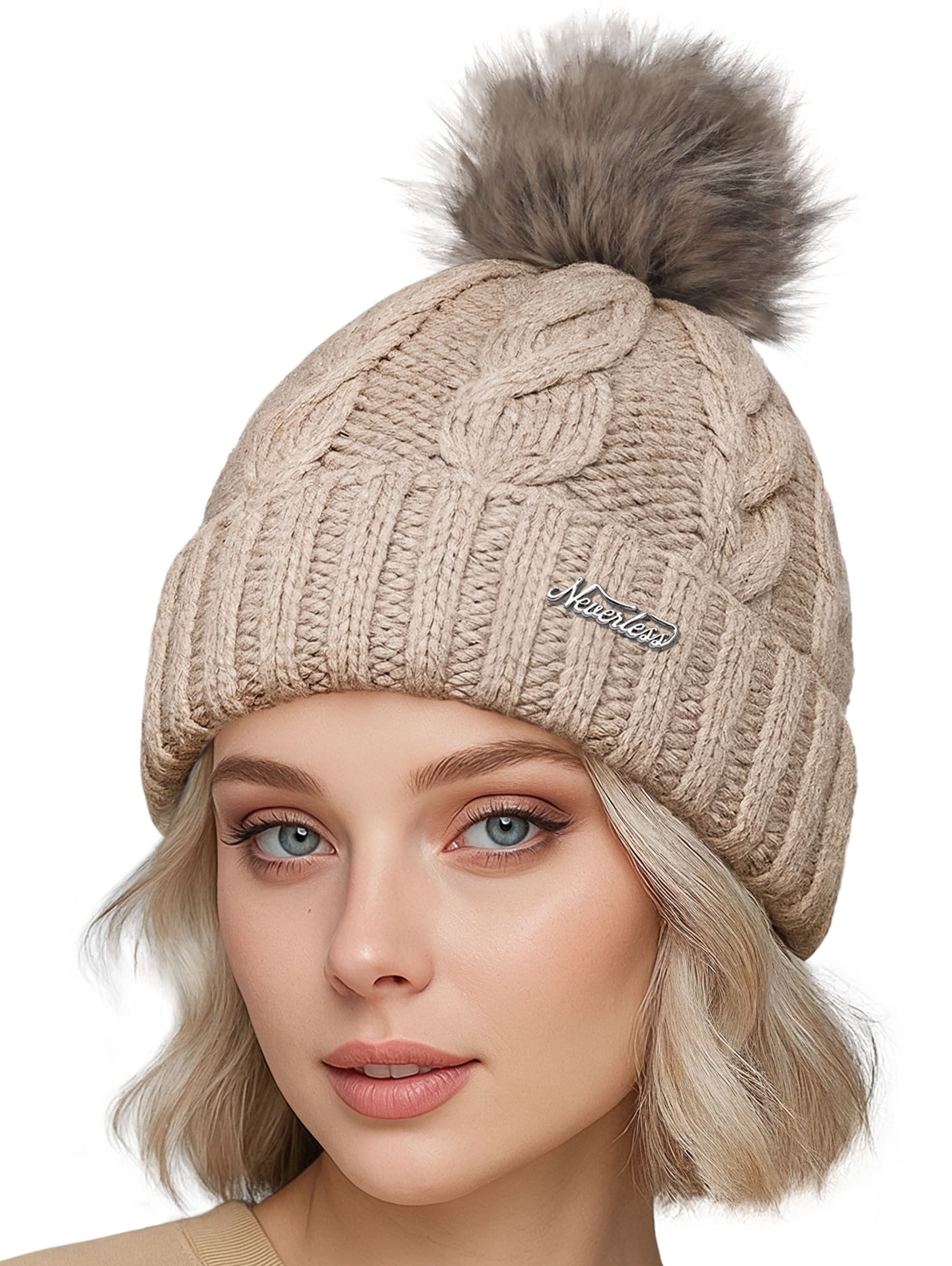 Neverless Strickmütze Damen Strickmütze mit Fleecefutter und Kunstfell Bommel Zopfmuster