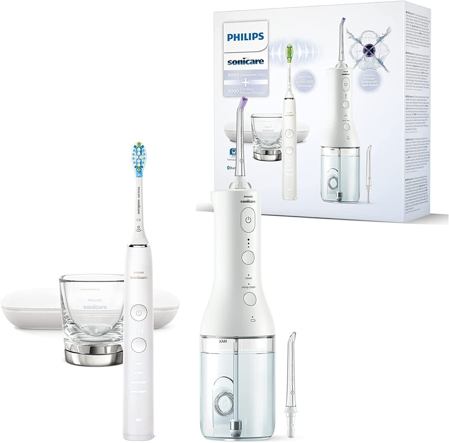 Philips weiß, 9000 & + Intensitätsstufen HX3866/41 Flosser Flosser 3000, DiamondClean Putzprogramme, Elektrische Combo Power 2 Zahnbürste 3 Pack Schallzahnbürste