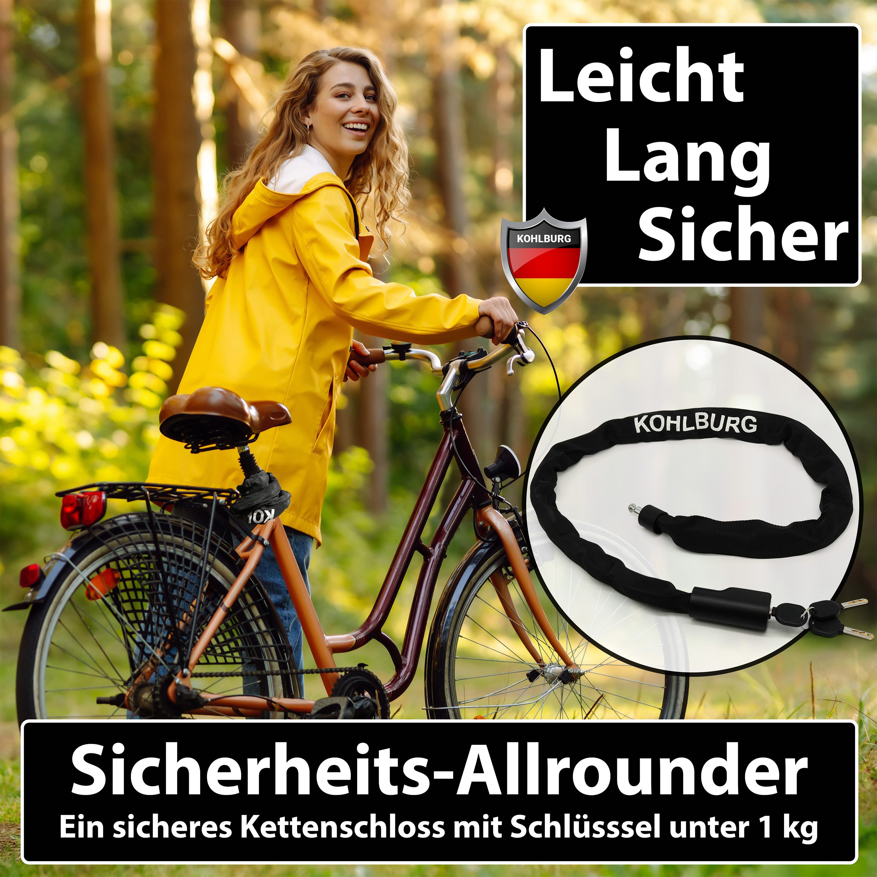 KOHLBURG Kettenschloss [6mm Titan-Stahl] Sicheres Fahrradschloss mit Zuklick-Mechanismus, 3 Schlüssel • 103 cm lang • für Fahrrad, E-Bike & E-Scooter