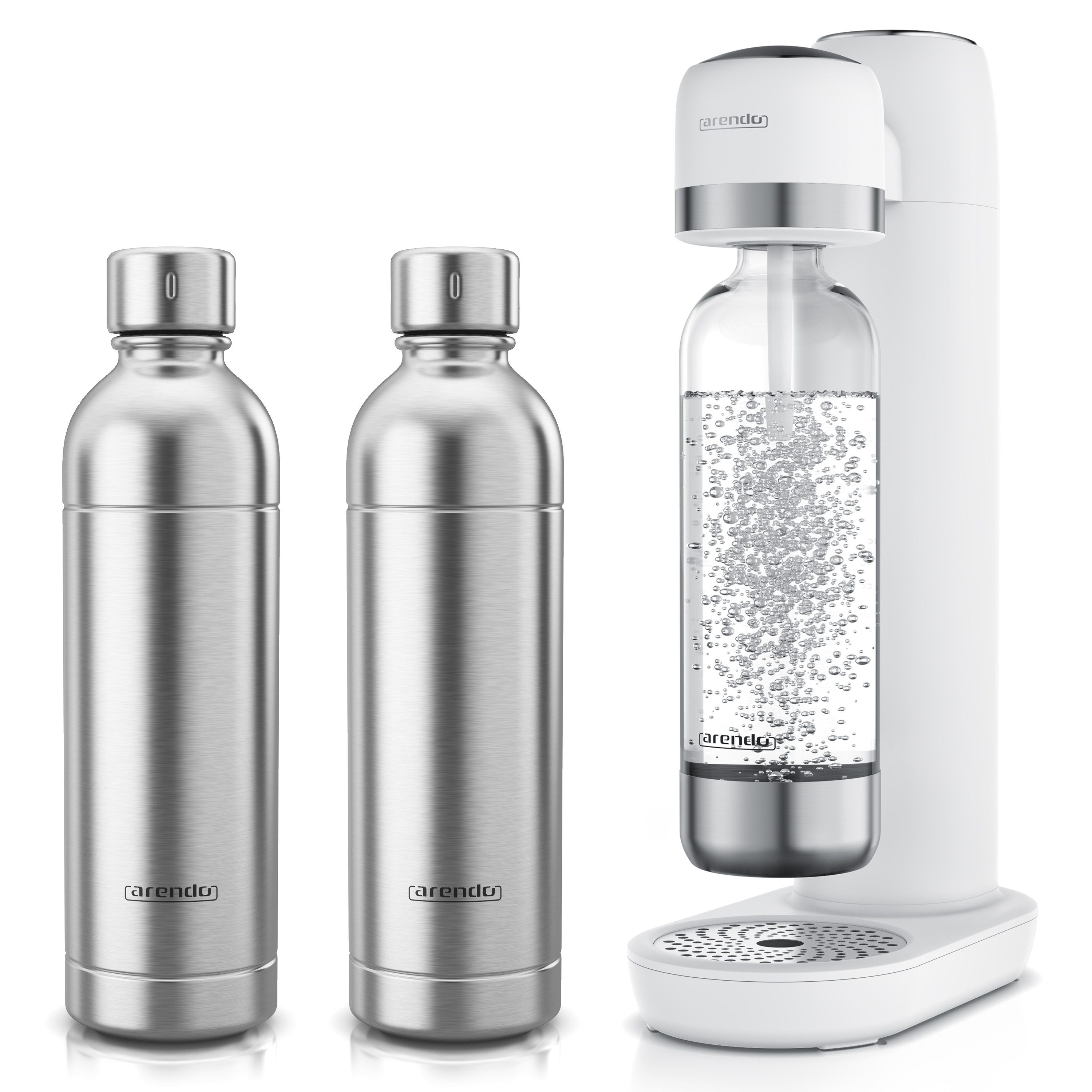 Arendo Wassersprudler Wassersprudler Set + 2 Edelstahlflasche 1L weiß, (Set, 2-tlg., Soda Maker, PET-Flasche), Soda Streamer mit Wasserflasche, BPA-frei, fein dosierbar, Carbonator