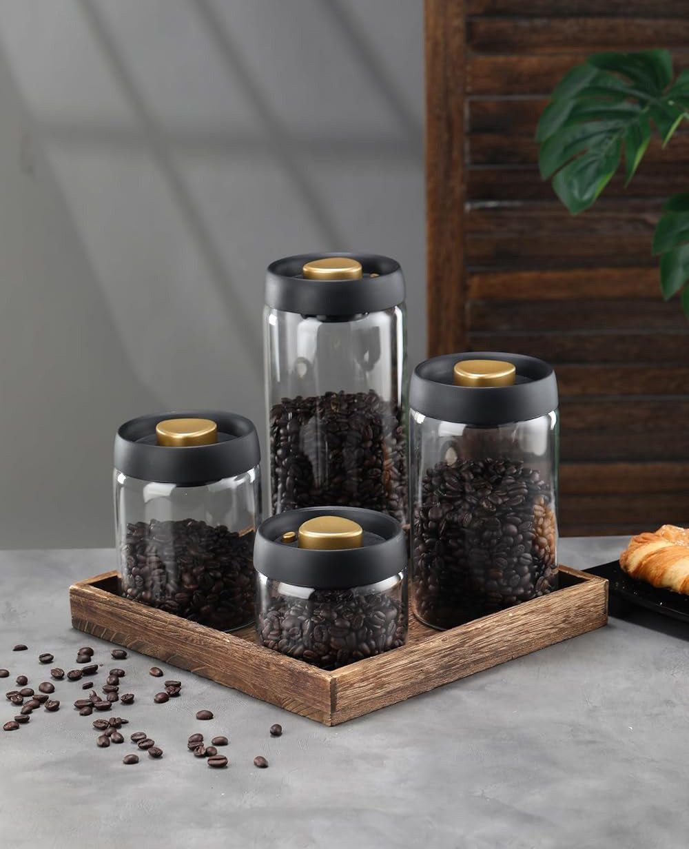 SinLaw Kaffeedose Kaffeebohnen-Aufbewahrungsglas, vakuumversiegeltes Glas, schwarz, (4-tlg), Vier-in-Eins-Set