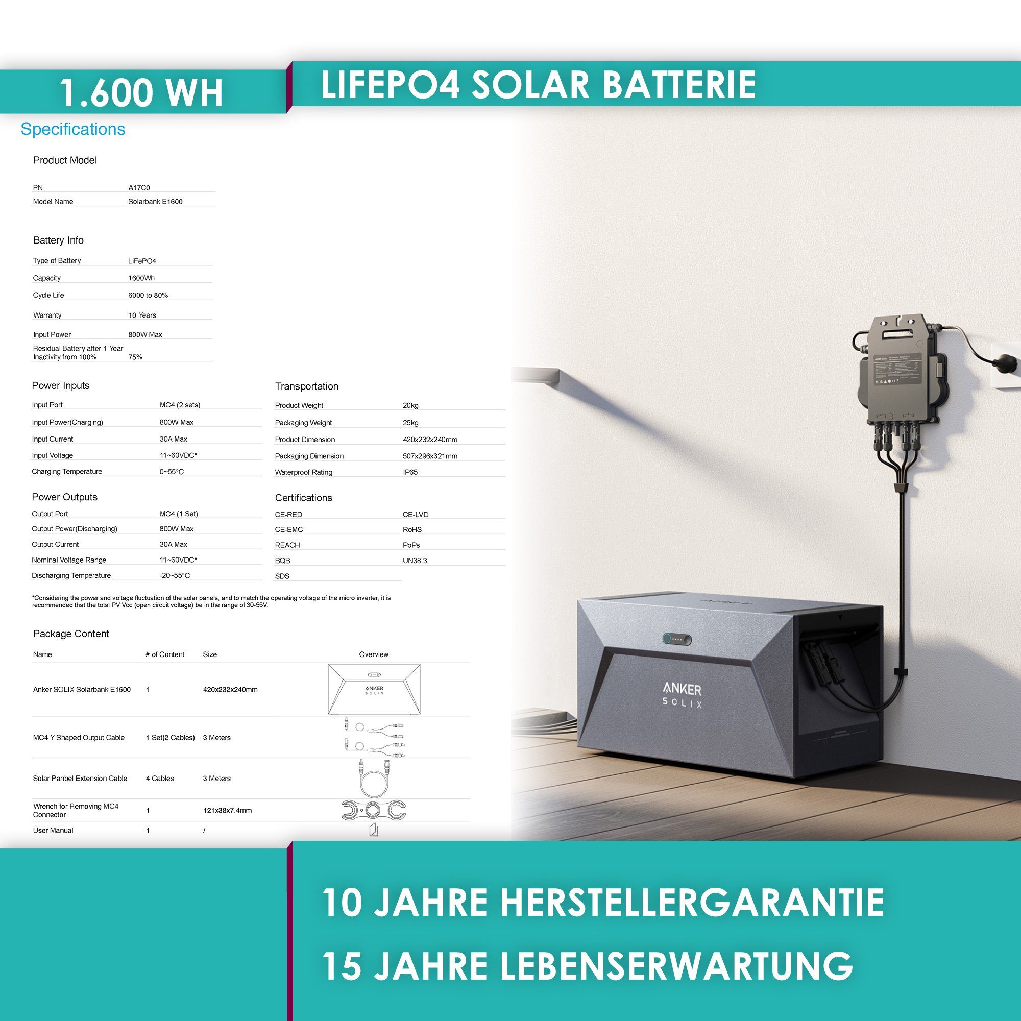 E1600 SOLIX + Solaranlage Anker inkl. WiFi Mikro-Wechselrichter, 5m + Bluetooth, MI80 Schuko-Kabel 800W Batteriespeicher 1600Wh