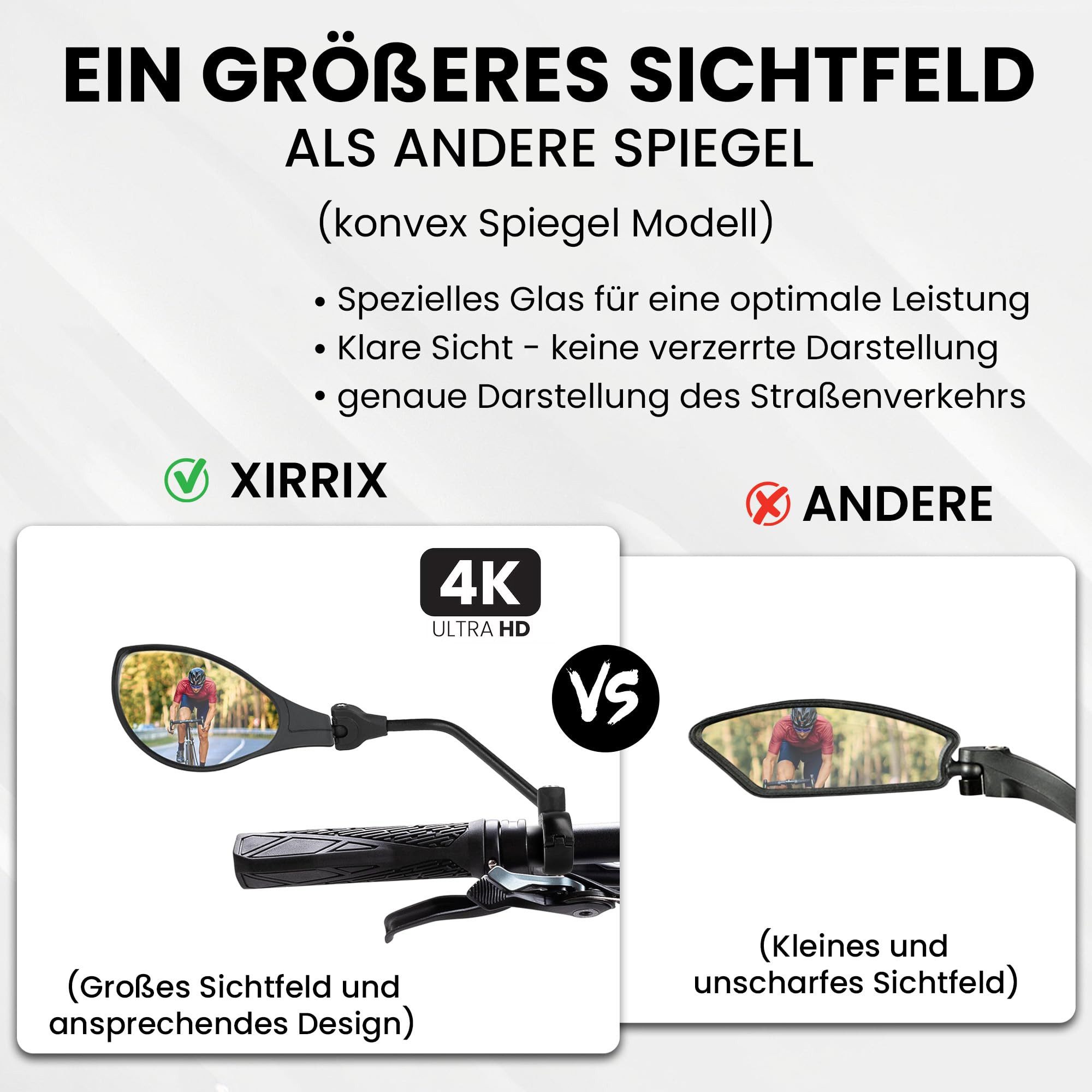 XiRRiX Fahrradspiegel Fahrrad Spiegel, Rückspiegel für Fahrrad E-Bike, eBike Zubehör (1 St), mit langem Arm - schlagfestes Glas - Lenker links