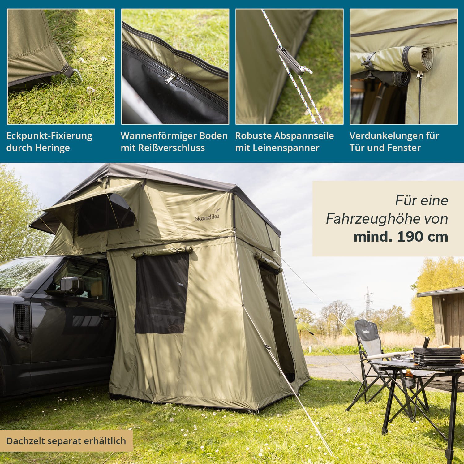 Skandika Dachzelt Freeland 3, Autodachzelt für 2-3 Personen, Vorzelt für Autozelt, (Zeltboden wannenförmig, abtrennbar (mit Rundum-Reißverschluss), Softcover, wasserfest 2500 mm, Eingang und Fenster mit Moskitonetz