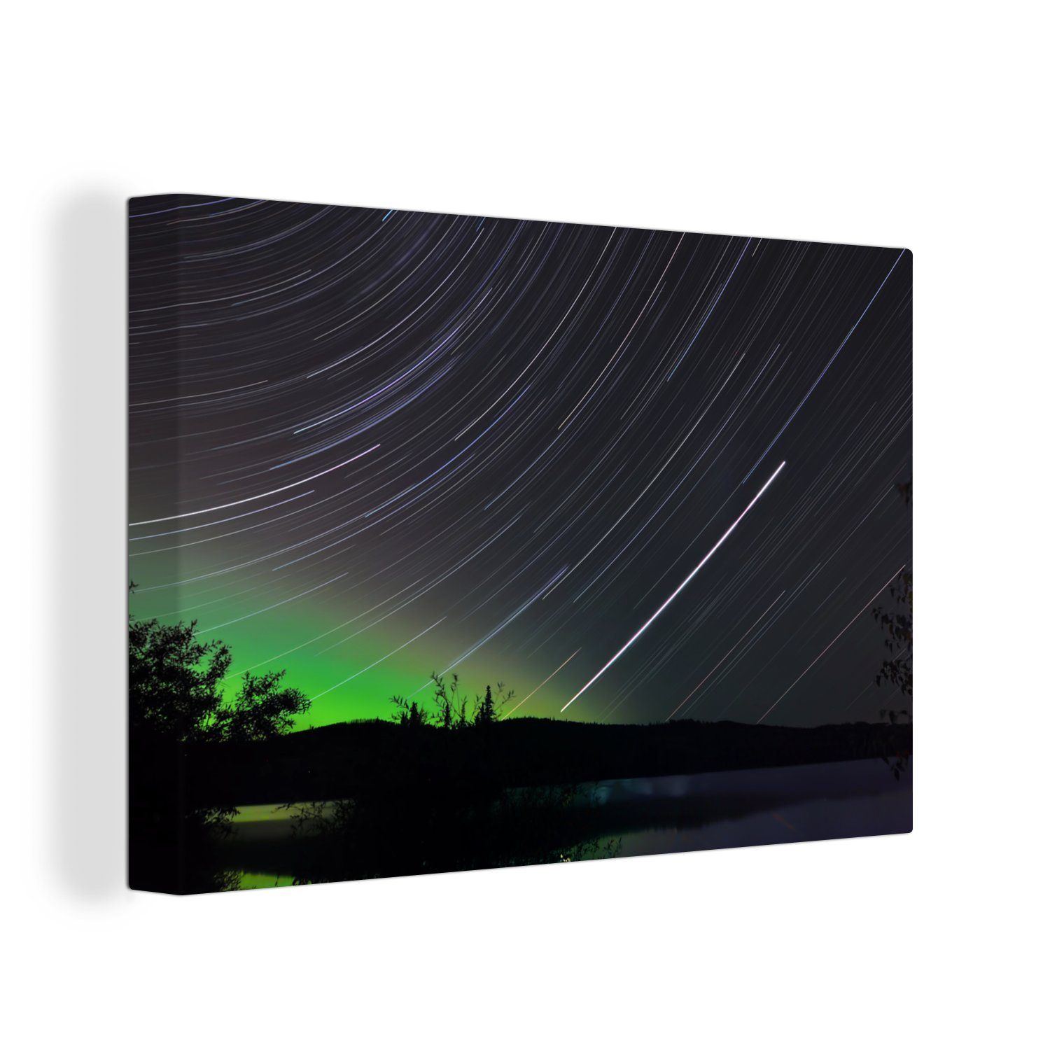 OneMillionCanvasses® Leinwandbild Sterne - Nordlichter - Baum - Nacht, (1 St), Wandbild Leinwandbilder, Aufhängefertig, Wanddeko, 30x20 cm