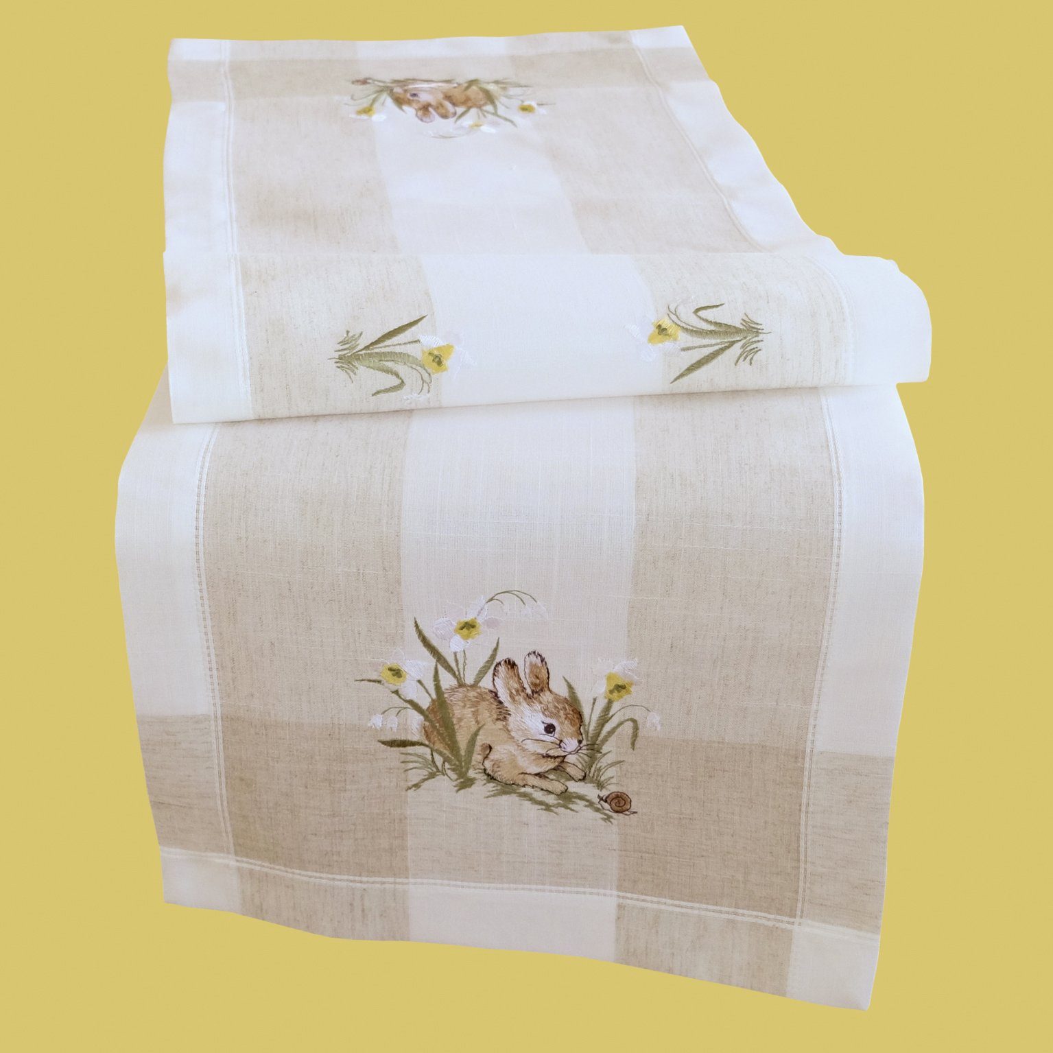 texpot Tischdecke Tischläufer Stickerei Hase ecru Leinenoptik Ostern, bestickt