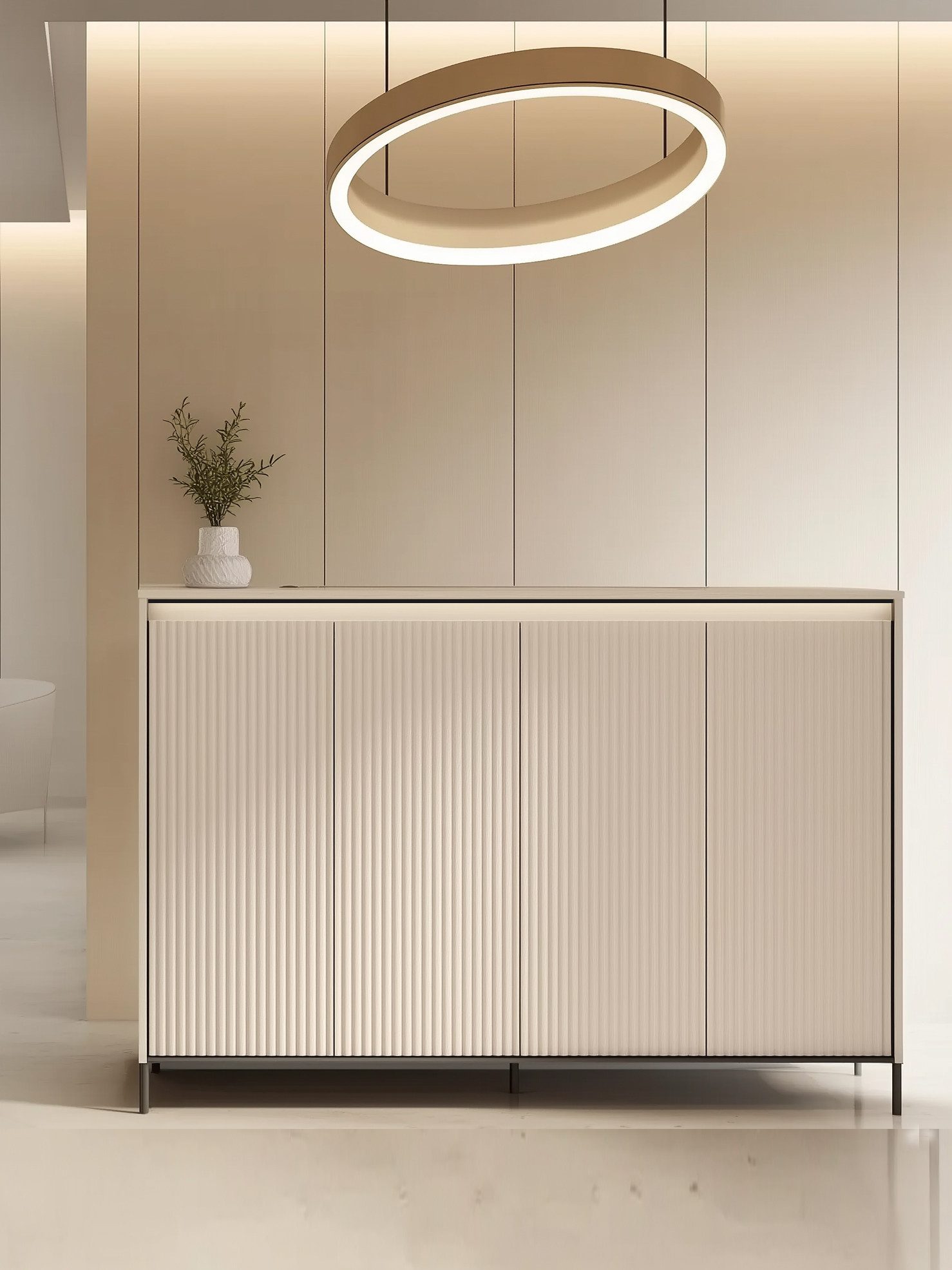 Compleo Kommode beige mit Lamellen FLORE, Elegant Schlafzimmer, Flur, geräumig